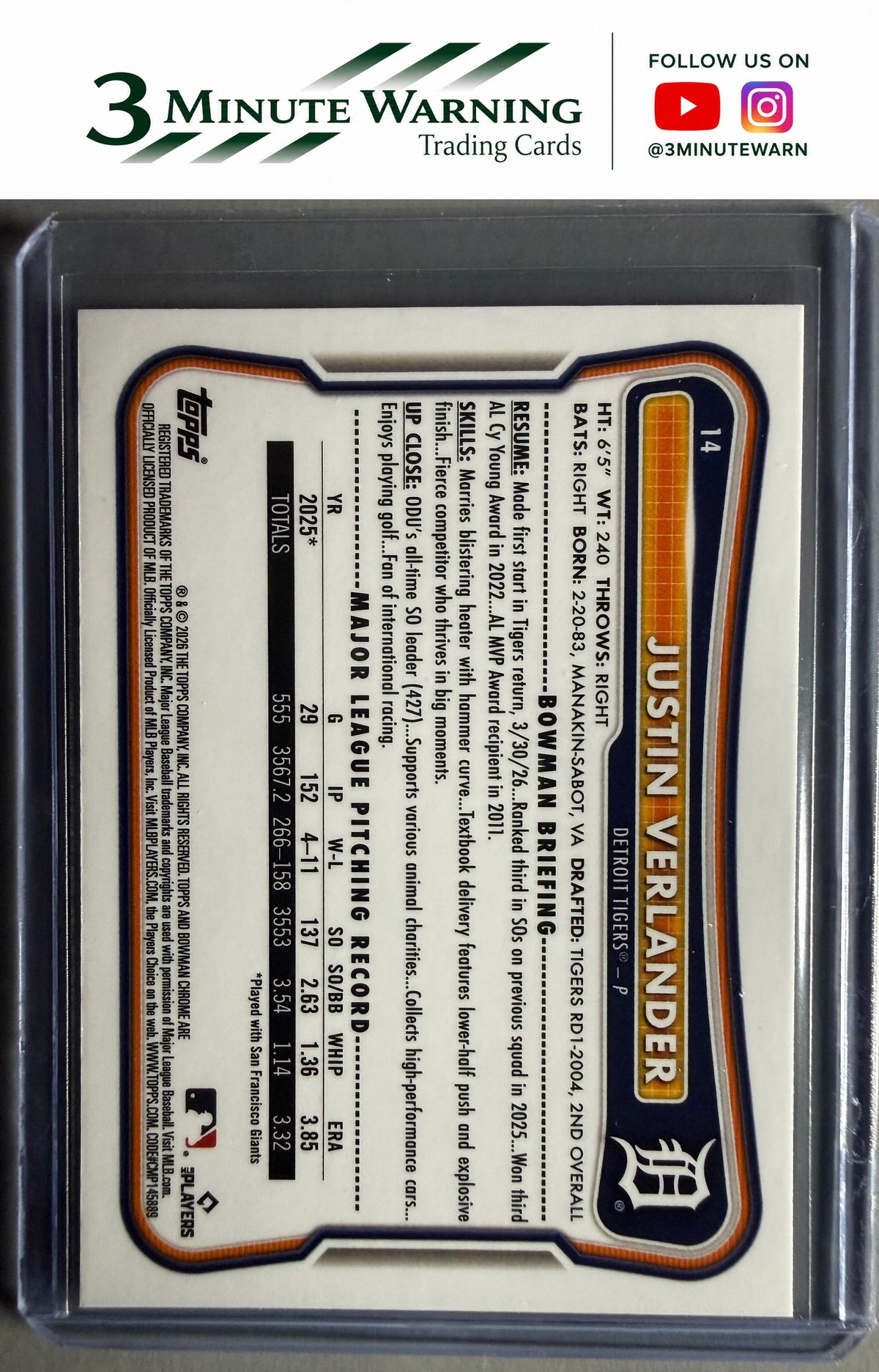 2026 Bowman Chrome #14 Justin Verlander
