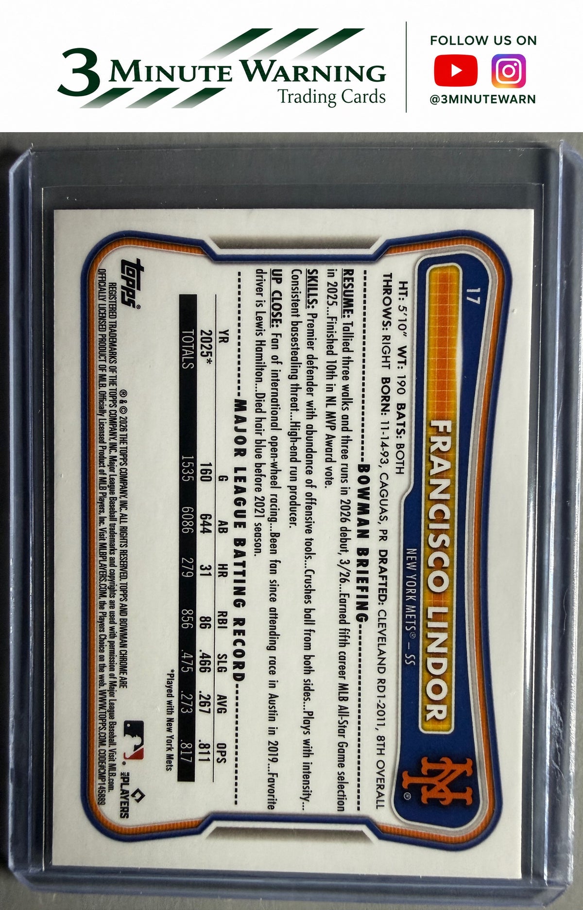 2026 Bowman Chrome #17 Francisco Lindor