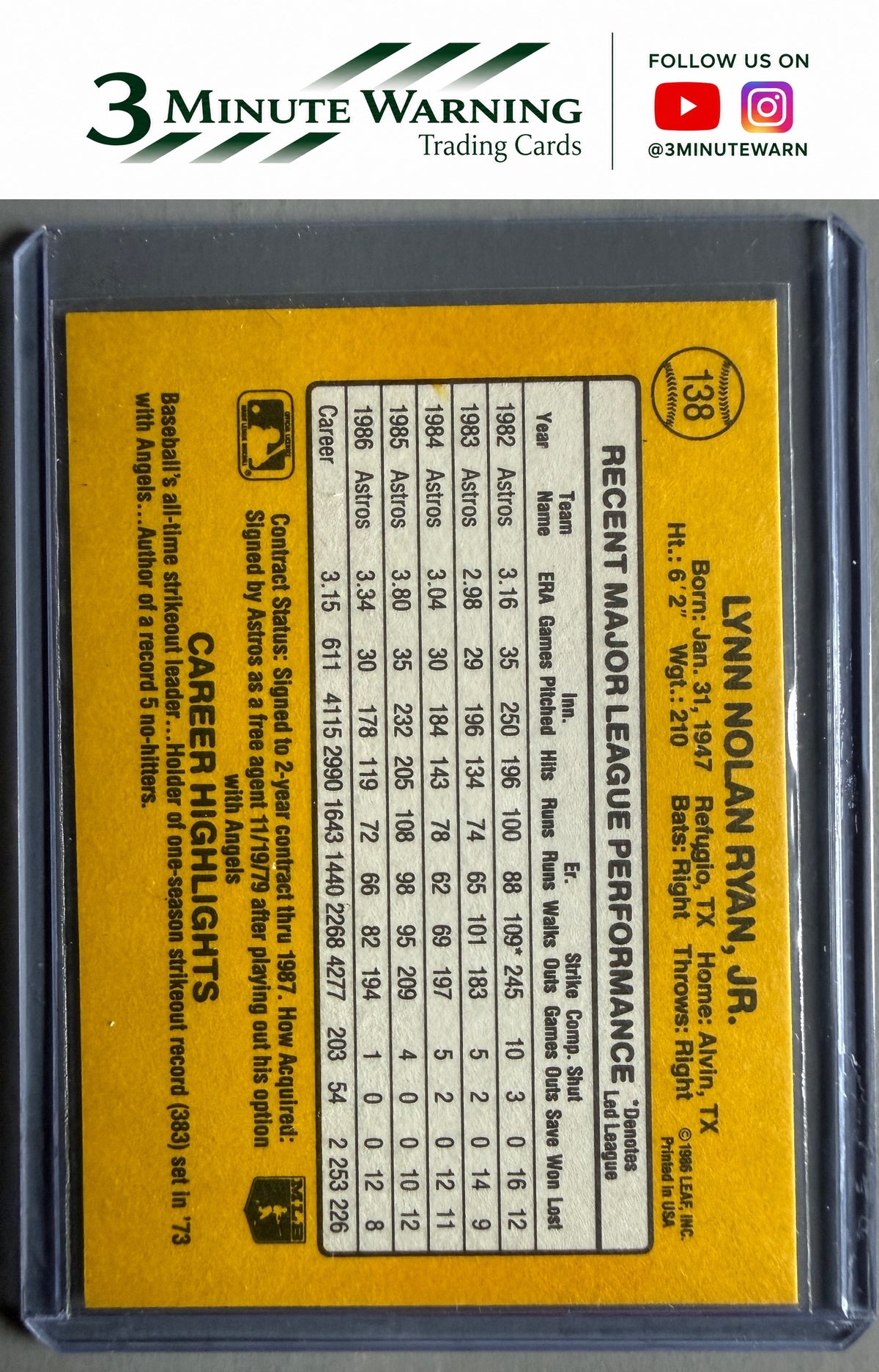 1987 Donruss #138 Nolan Ryan