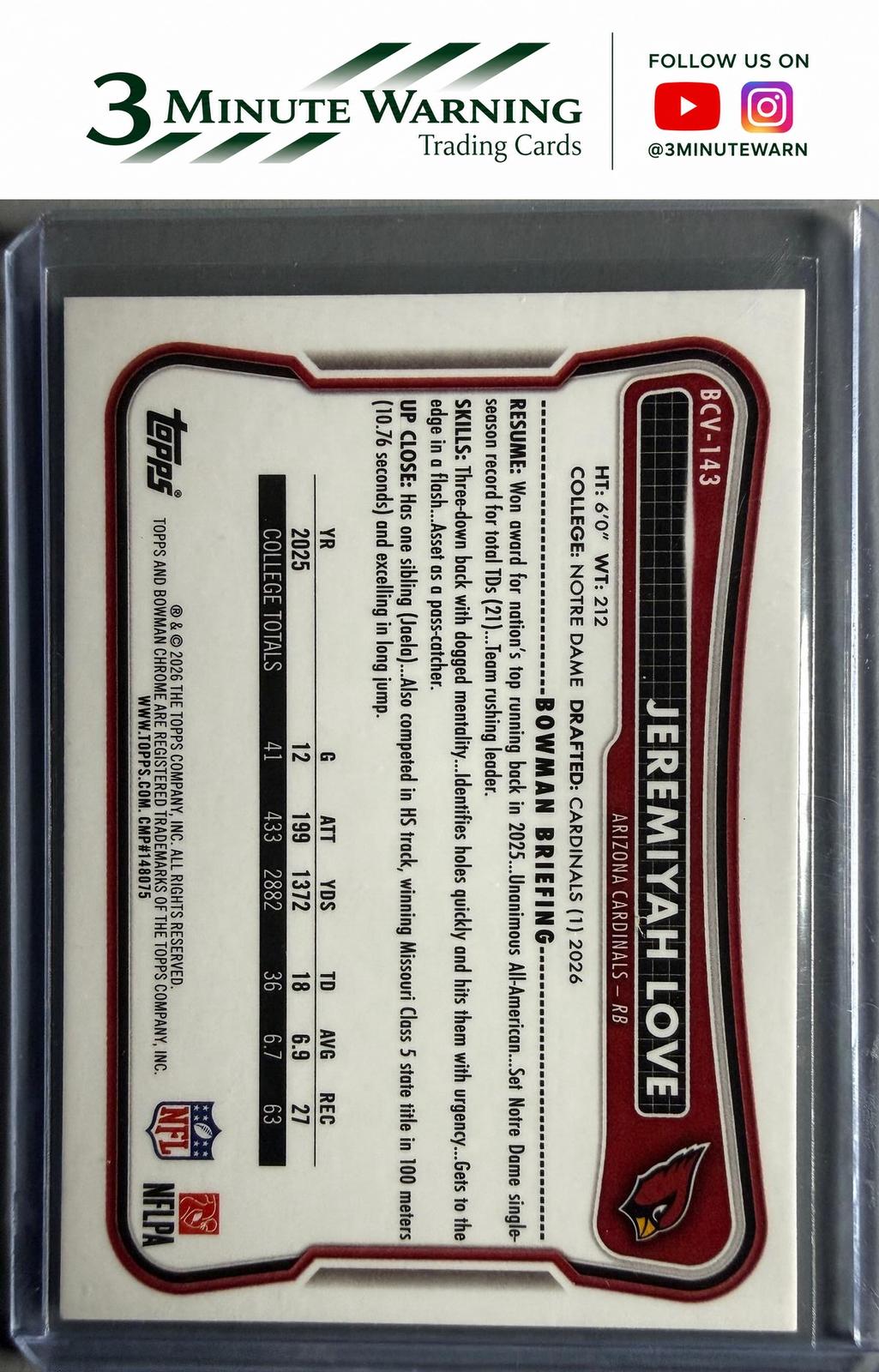 2026 Bowman Football #BCV-143 Jeremiyah Love