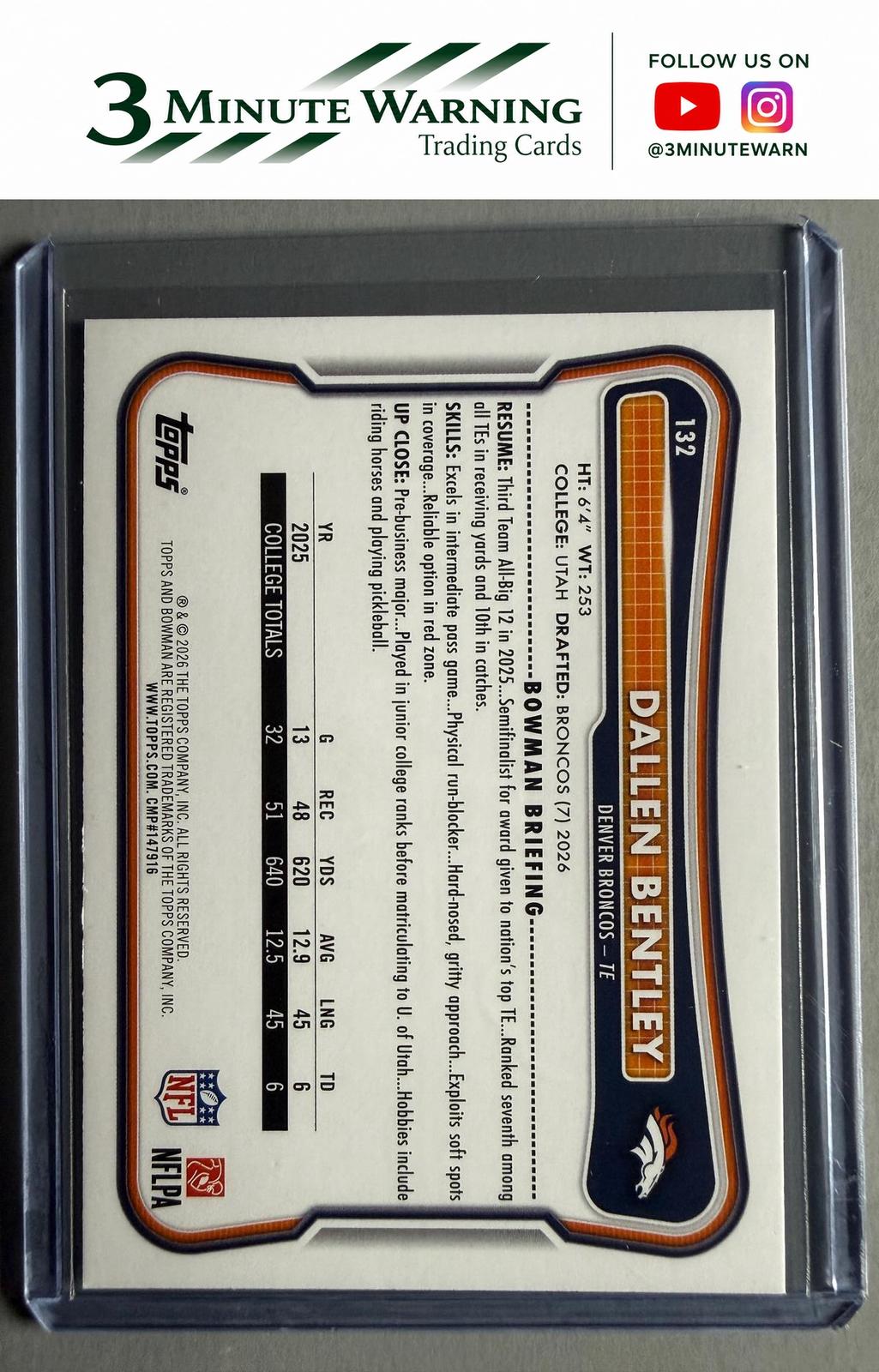 2026 Bowman Football #132 Dallen Bentley