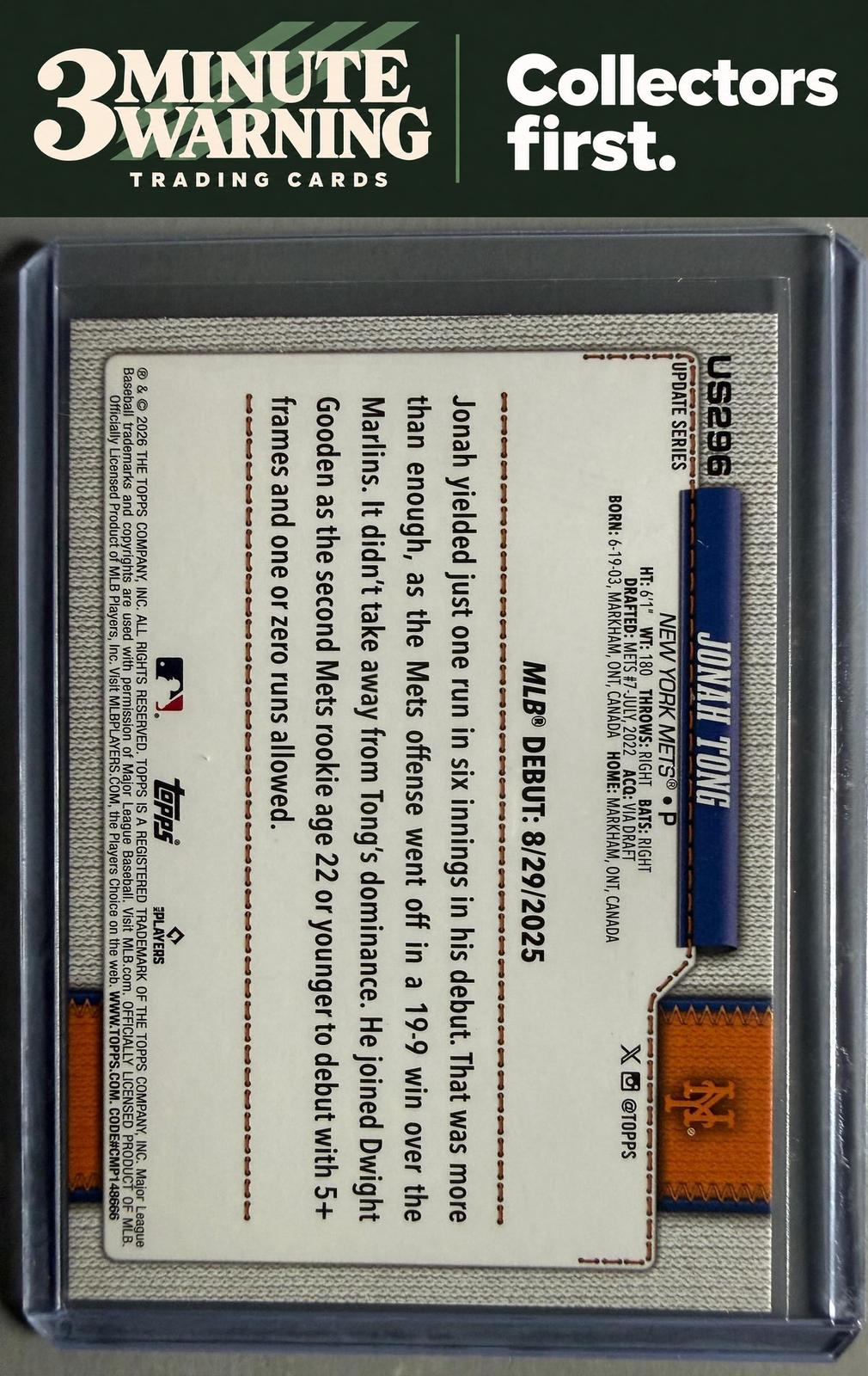 2026 Topps Update #US296 Jonah Tong