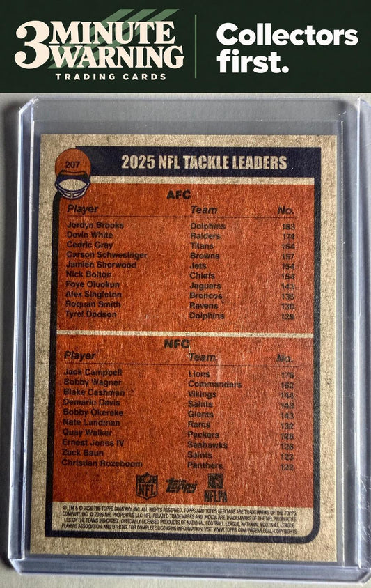 2026 Topps Heritage #207 2025 Tackle Leaders (Jack Campbell / Jordyn Brooks)