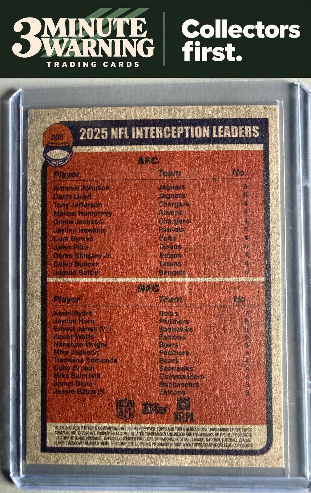2026 Topps Heritage #205 2025 Interception Leaders (Johnson / Byard)