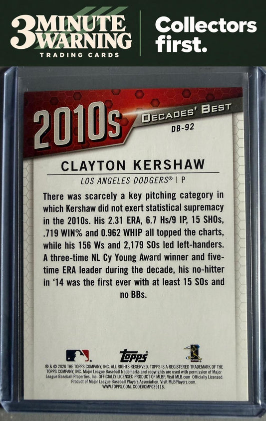2020 Topps #DB-92 Clayton Kershaw Decades' Best (Series Two)