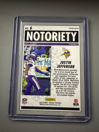 2025 Panini Mosaic #6 Justin Jefferson Notoriety Mosaic Pink Fluorescent