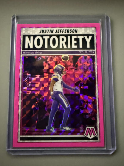 2025 Panini Mosaic #6 Justin Jefferson Notoriety Mosaic Pink Fluorescent
