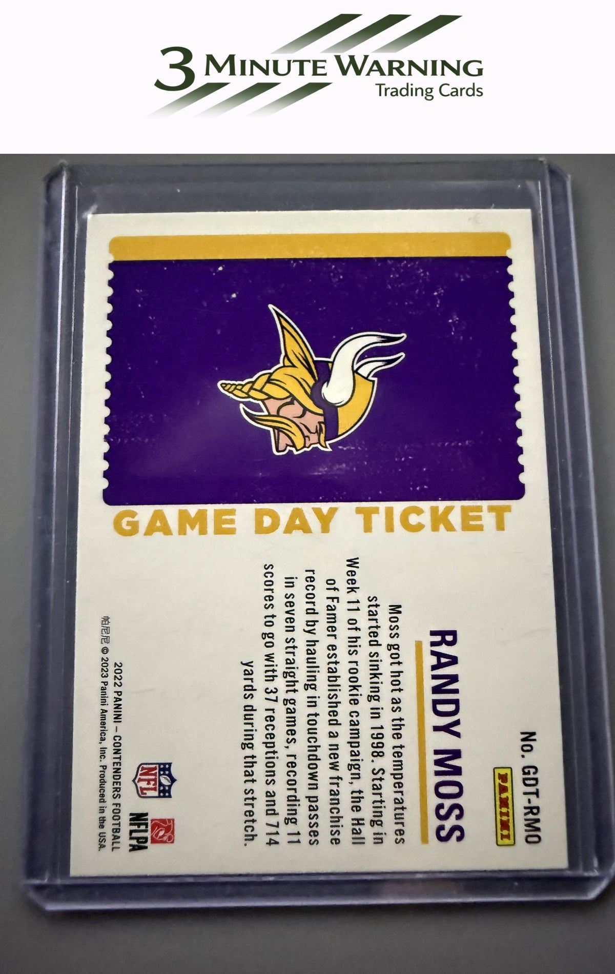 2022 Panini Contenders #GDT-RMO Randy Moss Game Day Ticket