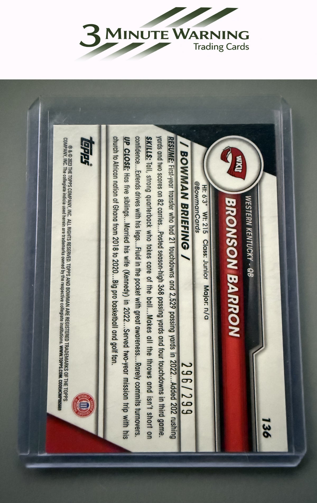 2023 Bowman University Chrome #136 Bronson Barron Aqua Refractor #/299