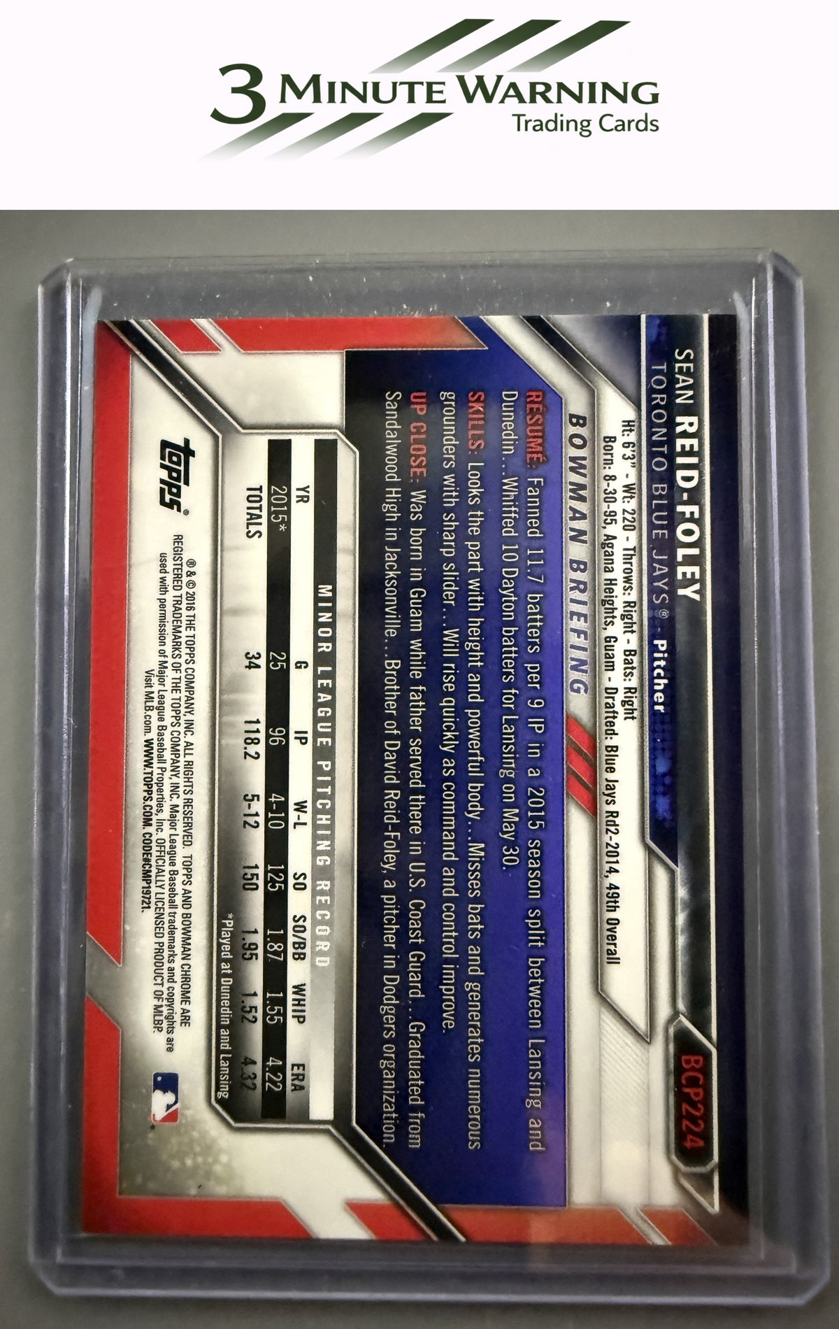 2016 Bowman Chrome #BCP224 Sean Reid-Foley Prospects Blue Shimmer