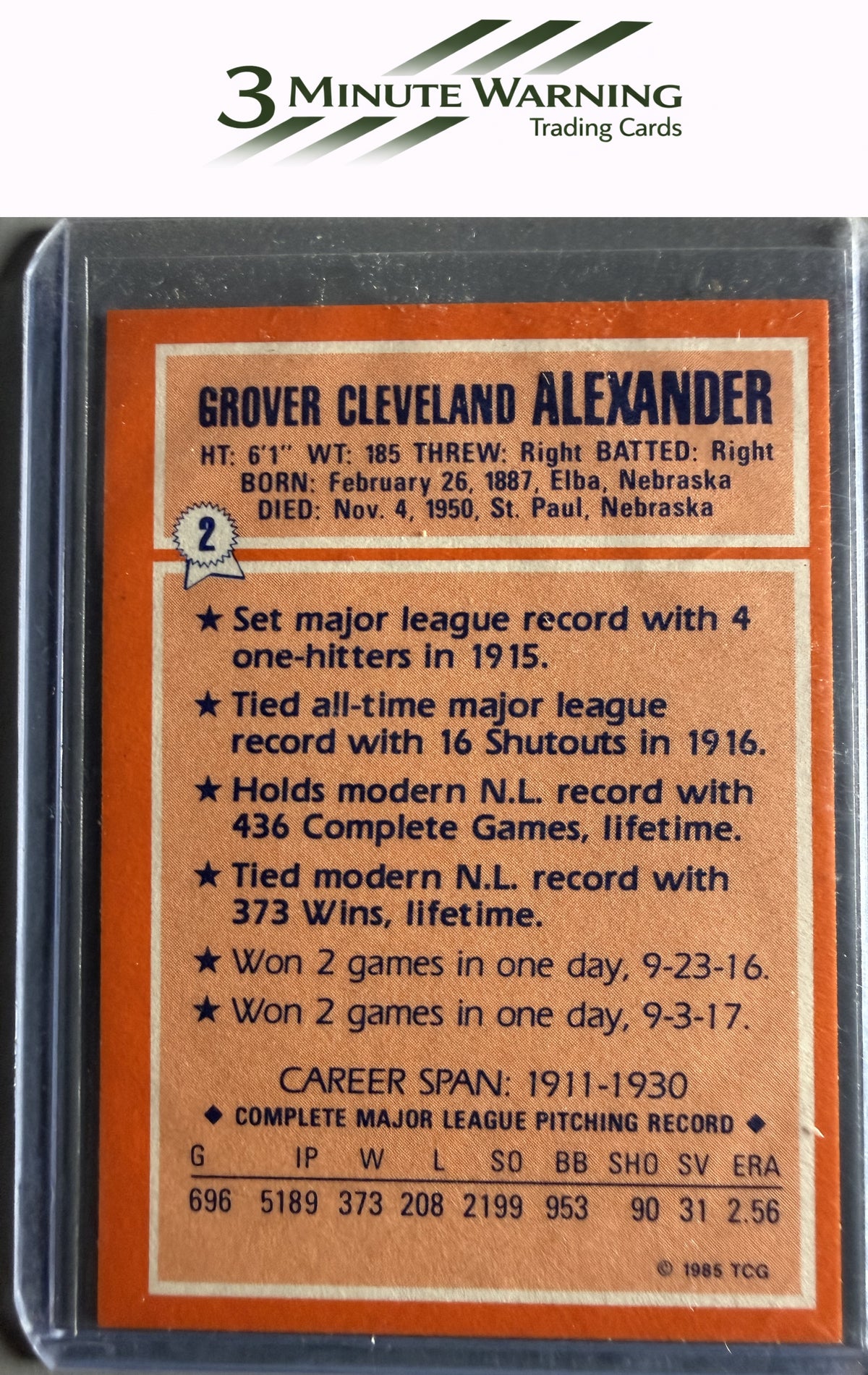 1985 Topps Woolworth All Time Record Holders #2 Grover Alexander