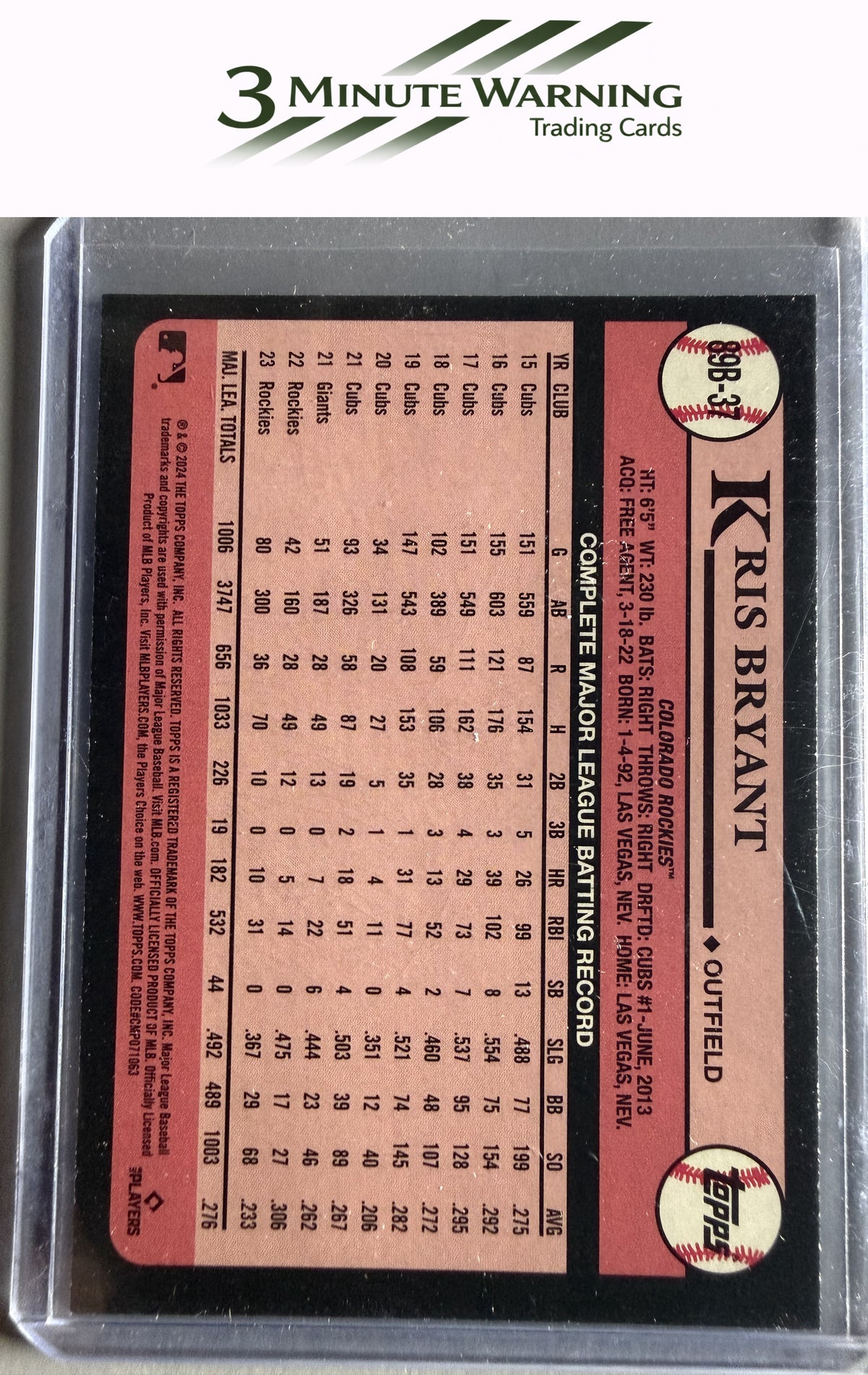 2024 Topps #89B-37 Kris Bryant 1989 Topps Baseball 35th Anniversary (Series One)
