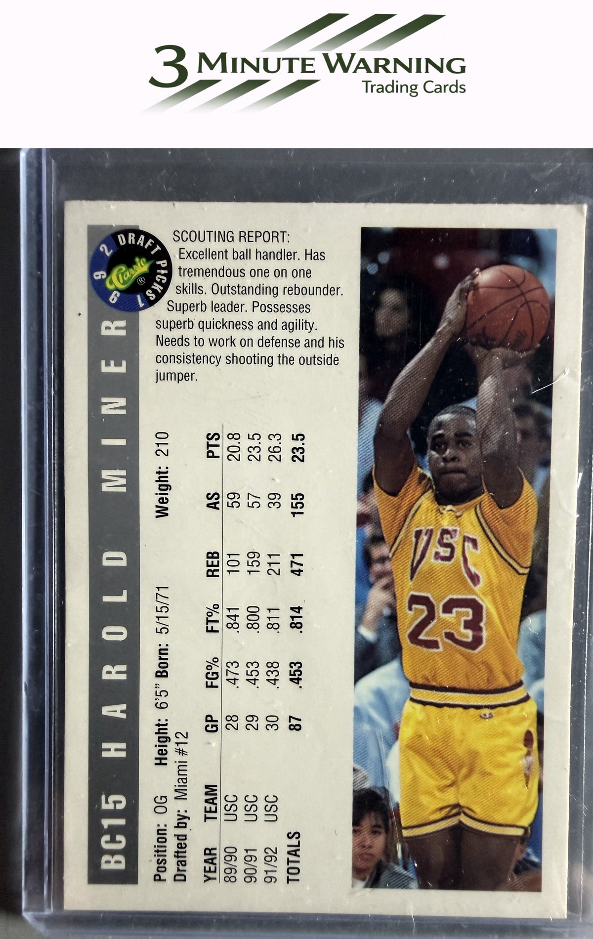 1992 Classic Draft Picks #BC15 Harold Miner Magicians
