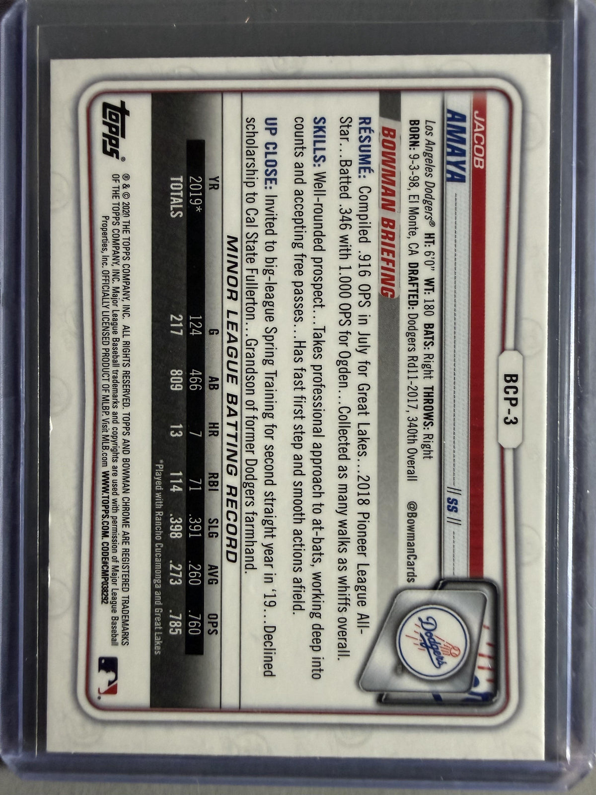 2020 Bowman #BCP-3 Jacob Amaya Chrome Prospects