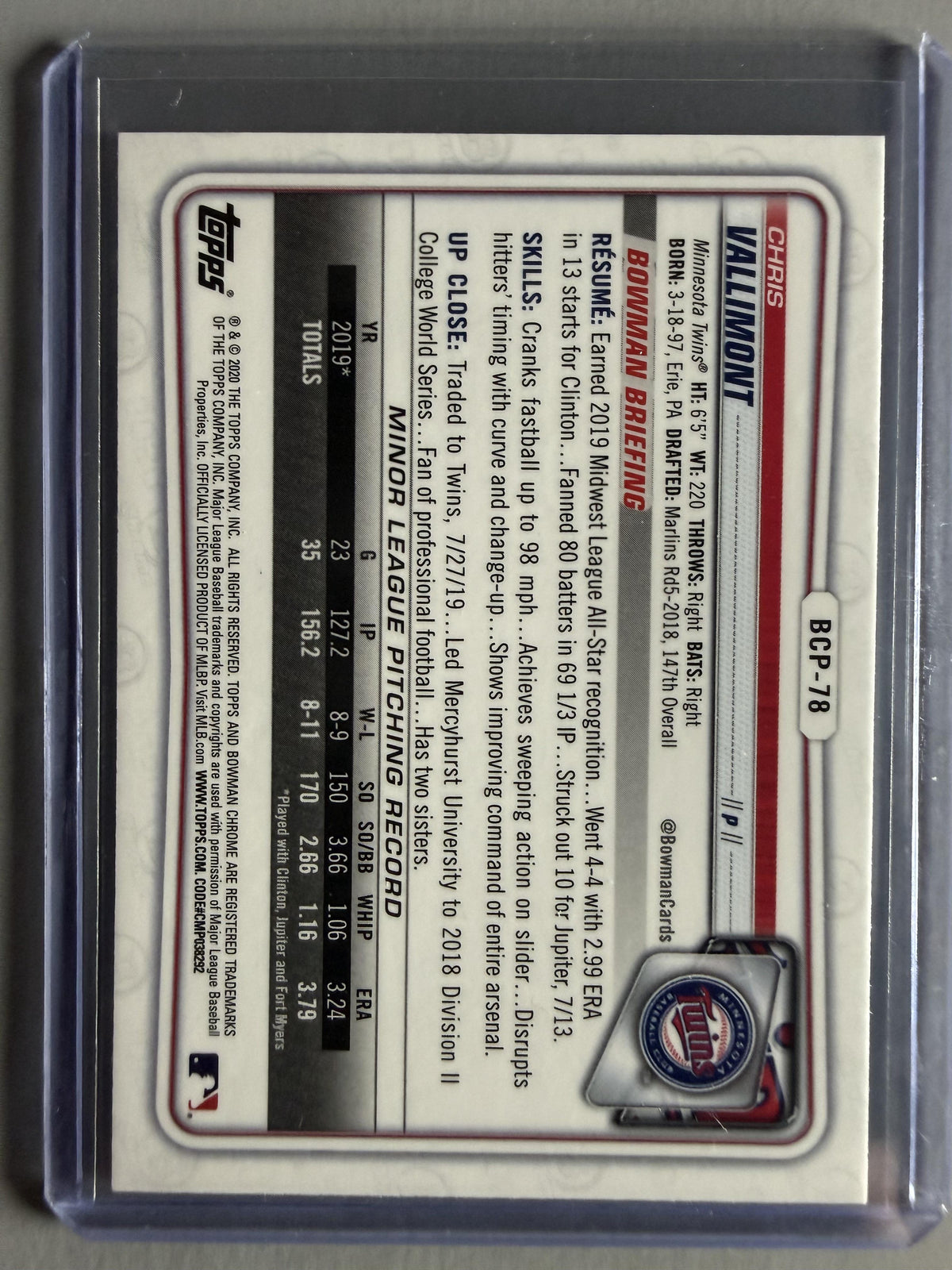2020 Bowman #BCP-78 Chris Vallimont Chrome Prospects