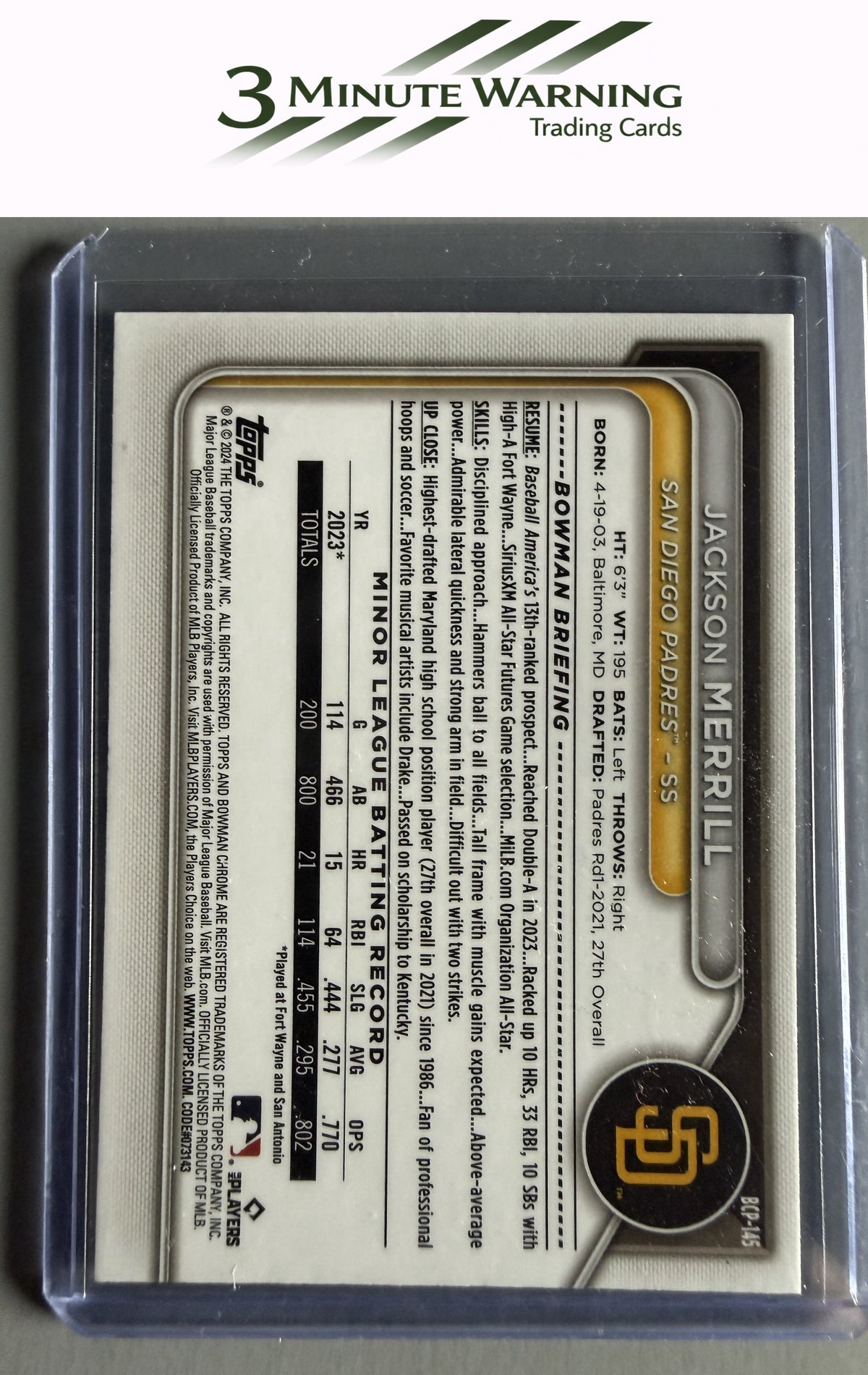 2024 Bowman #BCP-145 Jackson Merrill Chrome Prospects