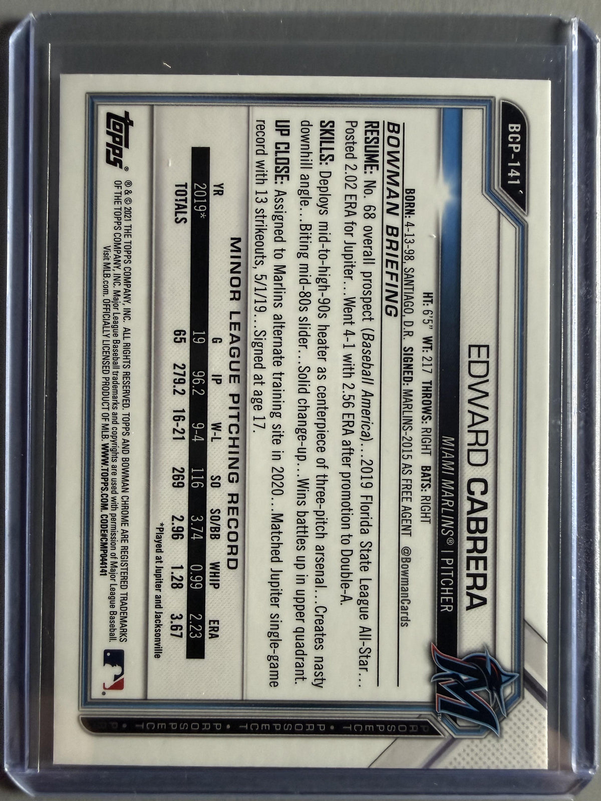2021 Bowman #BCP-141 Edward Cabrera Chrome Prospects