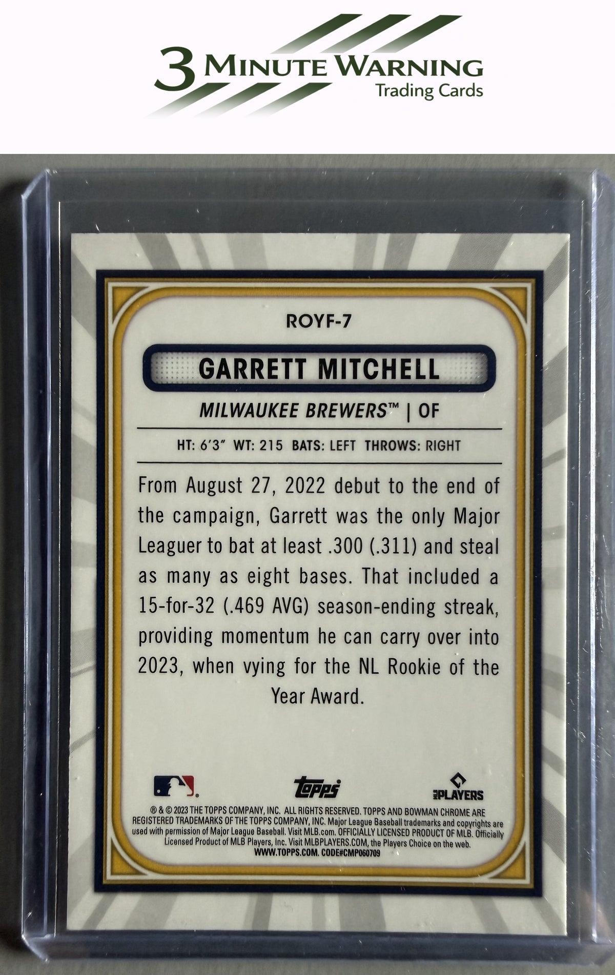 2023 Bowman #ROYF-7 Garrett Mitchell Rookie of the Year Favorites