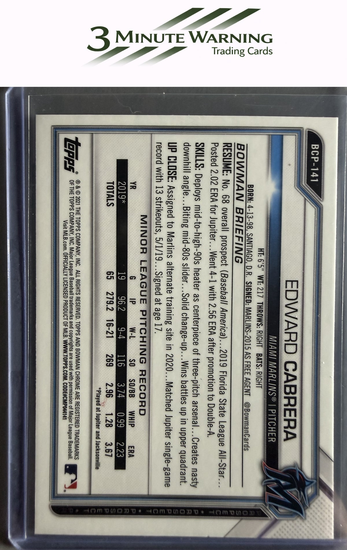 2021 Bowman #BCP-141 Edward Cabrera Chrome Prospects