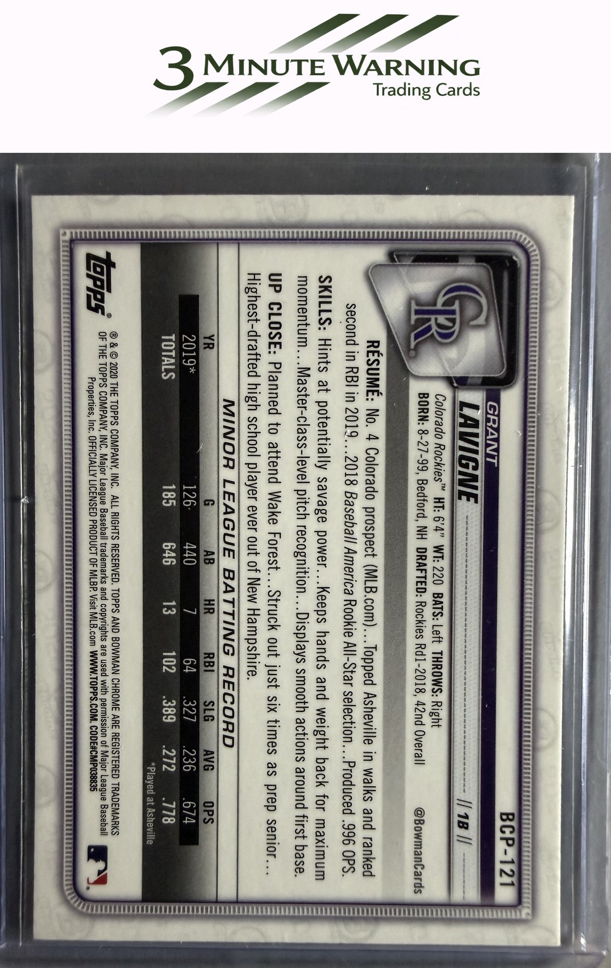 2020 Bowman #BCP-121 Grant Lavigne Chrome Prospects Mojo Refractor
