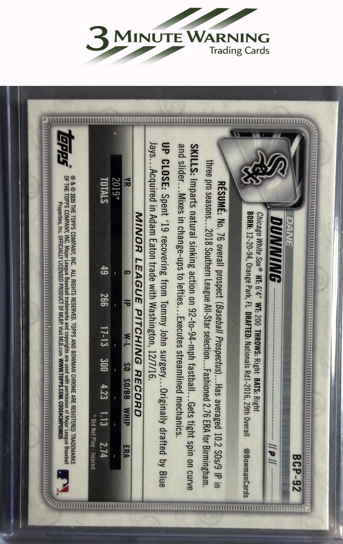 2020 Bowman #BCP-92 Dane Dunning Chrome Prospects Mojo Refractor