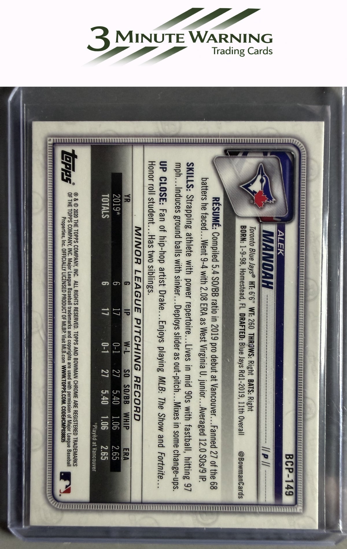 2020 Bowman #BCP-149 Alek Manoah Chrome Prospects Mojo Refractor
