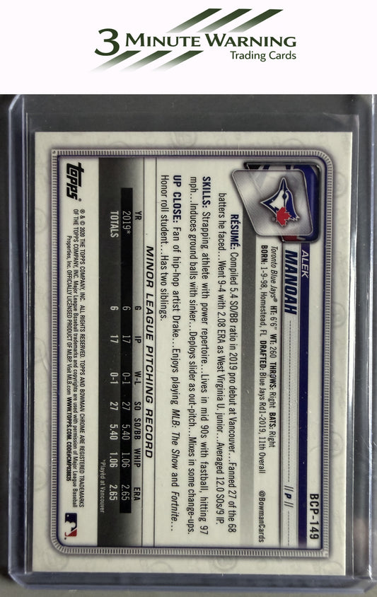 2020 Bowman #BCP-149 Alek Manoah Chrome Prospects Mojo Refractor