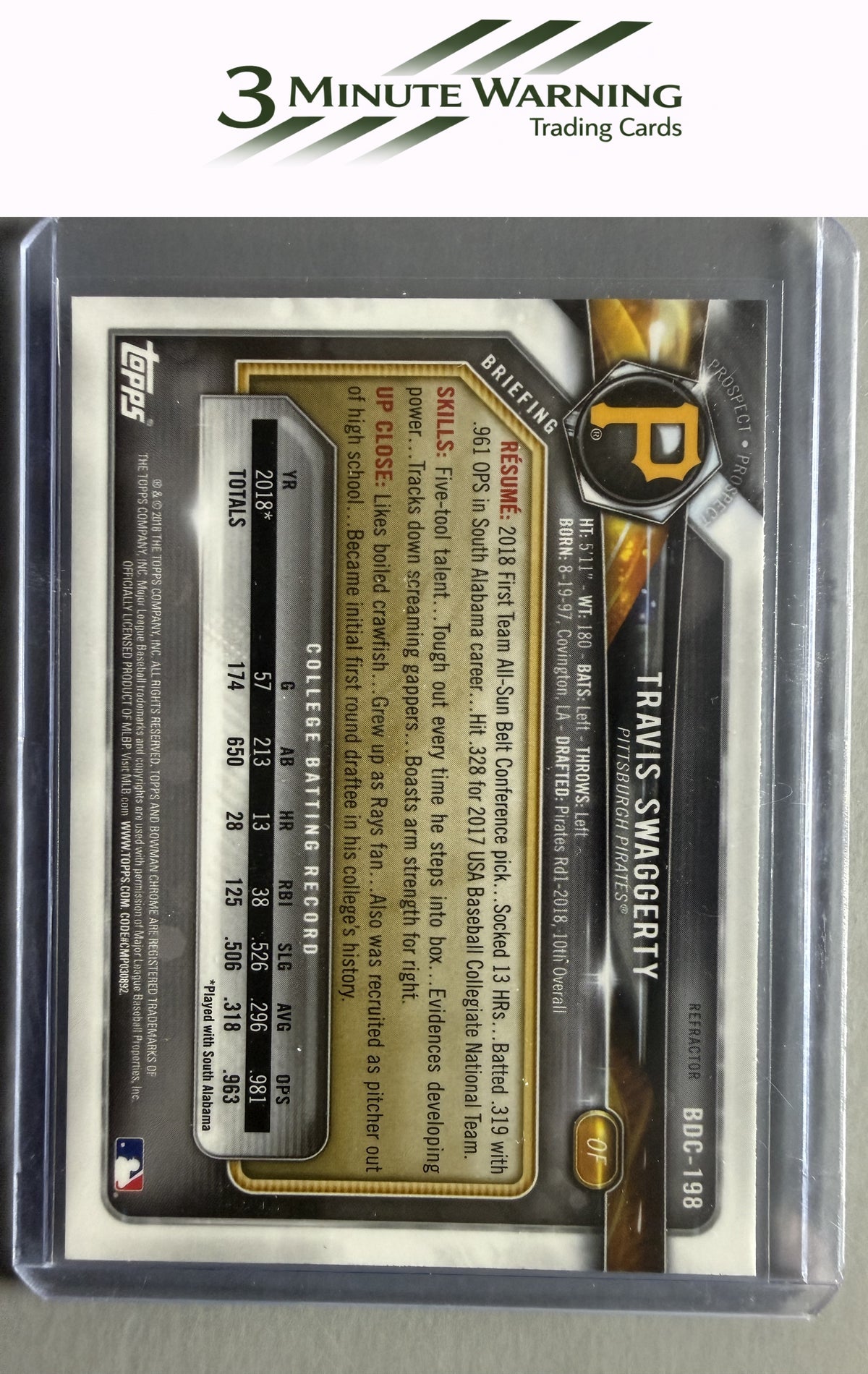 2018 Bowman Draft #BDC-198 Travis Swaggerty Chrome Refractor