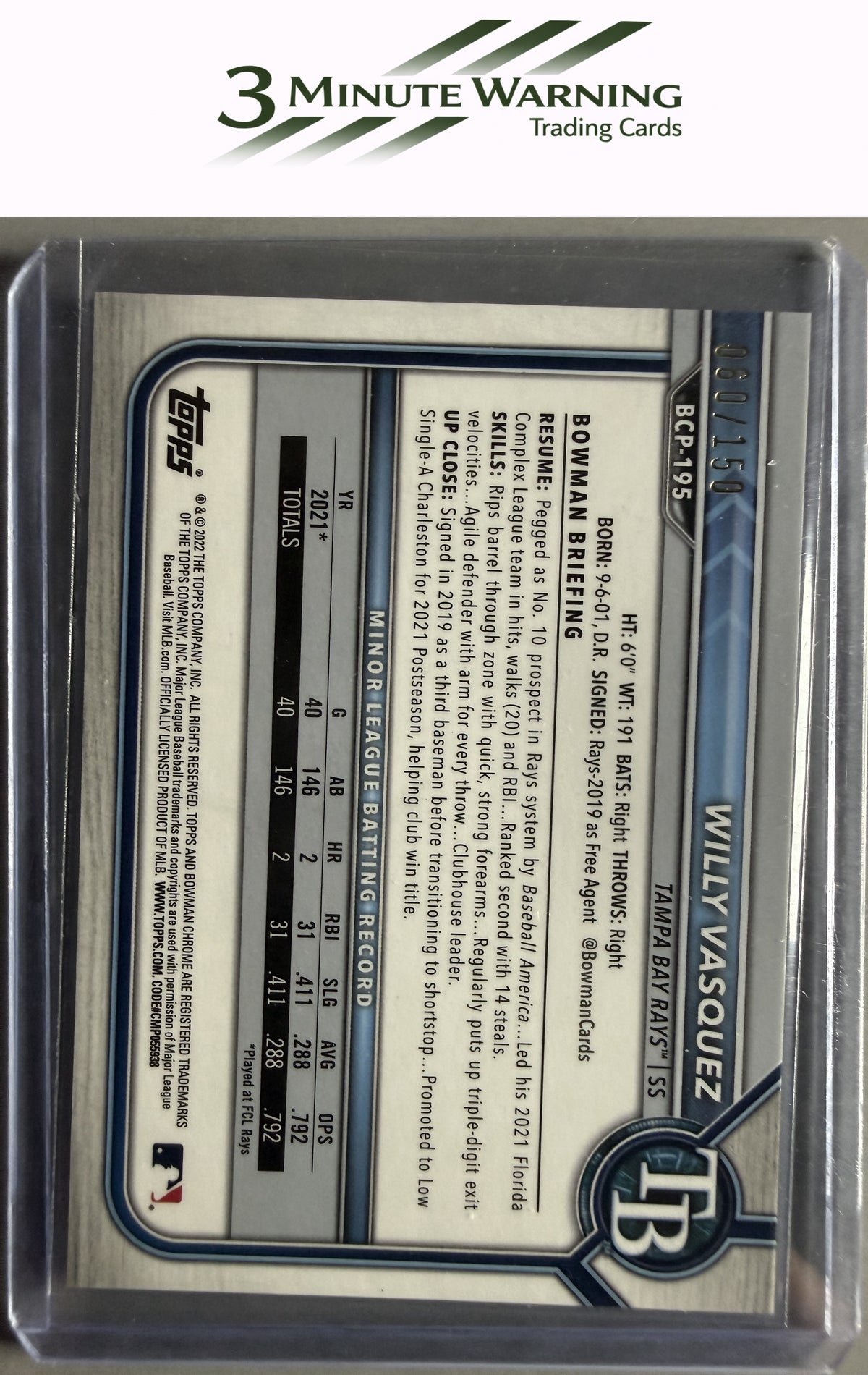 2022 Bowman Chrome #BCP-195 Willy Vasquez Prospects Blue Mojo Refractor #/150