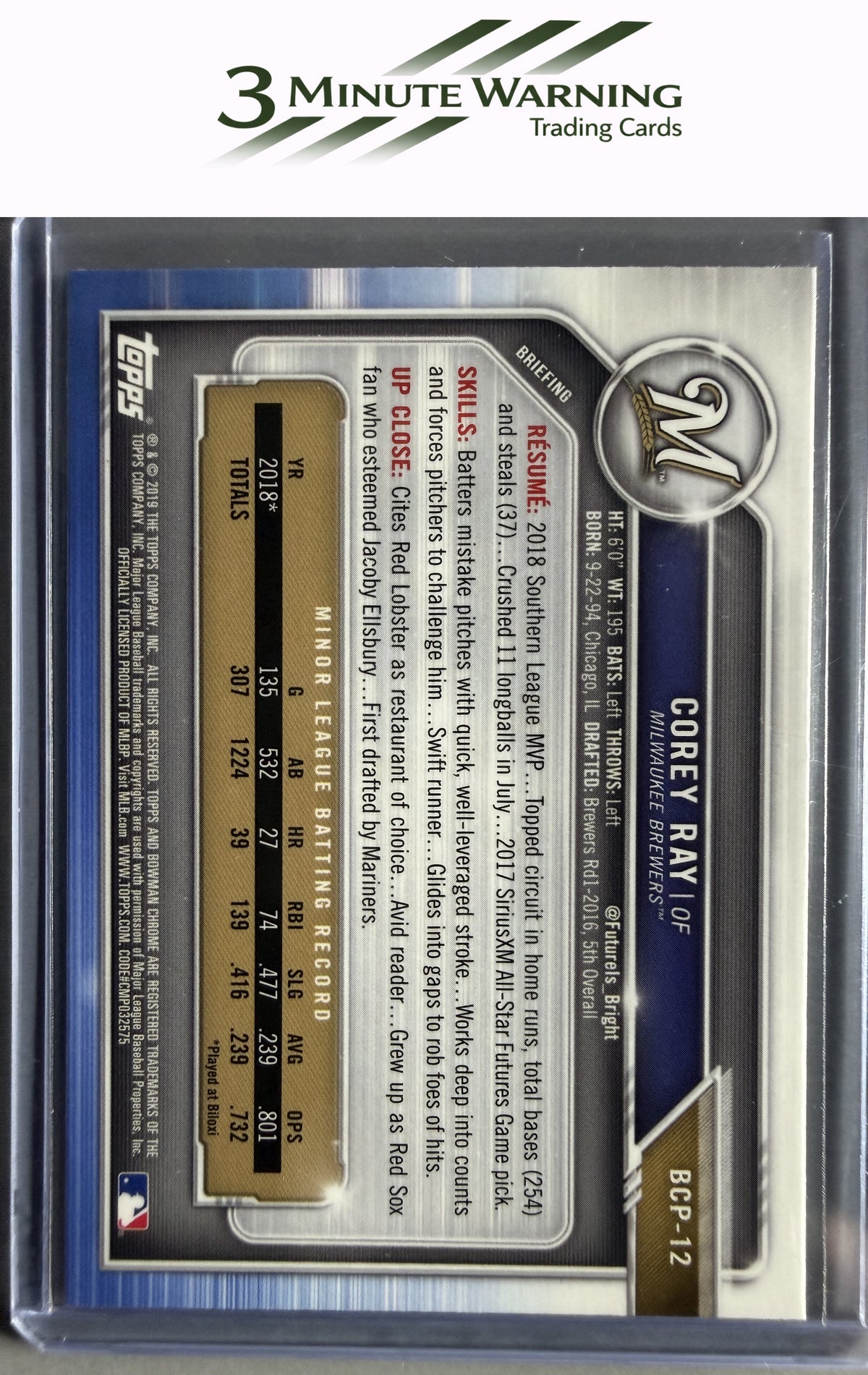 2019 Bowman #BCP-12 Corey Ray Chrome Prospects