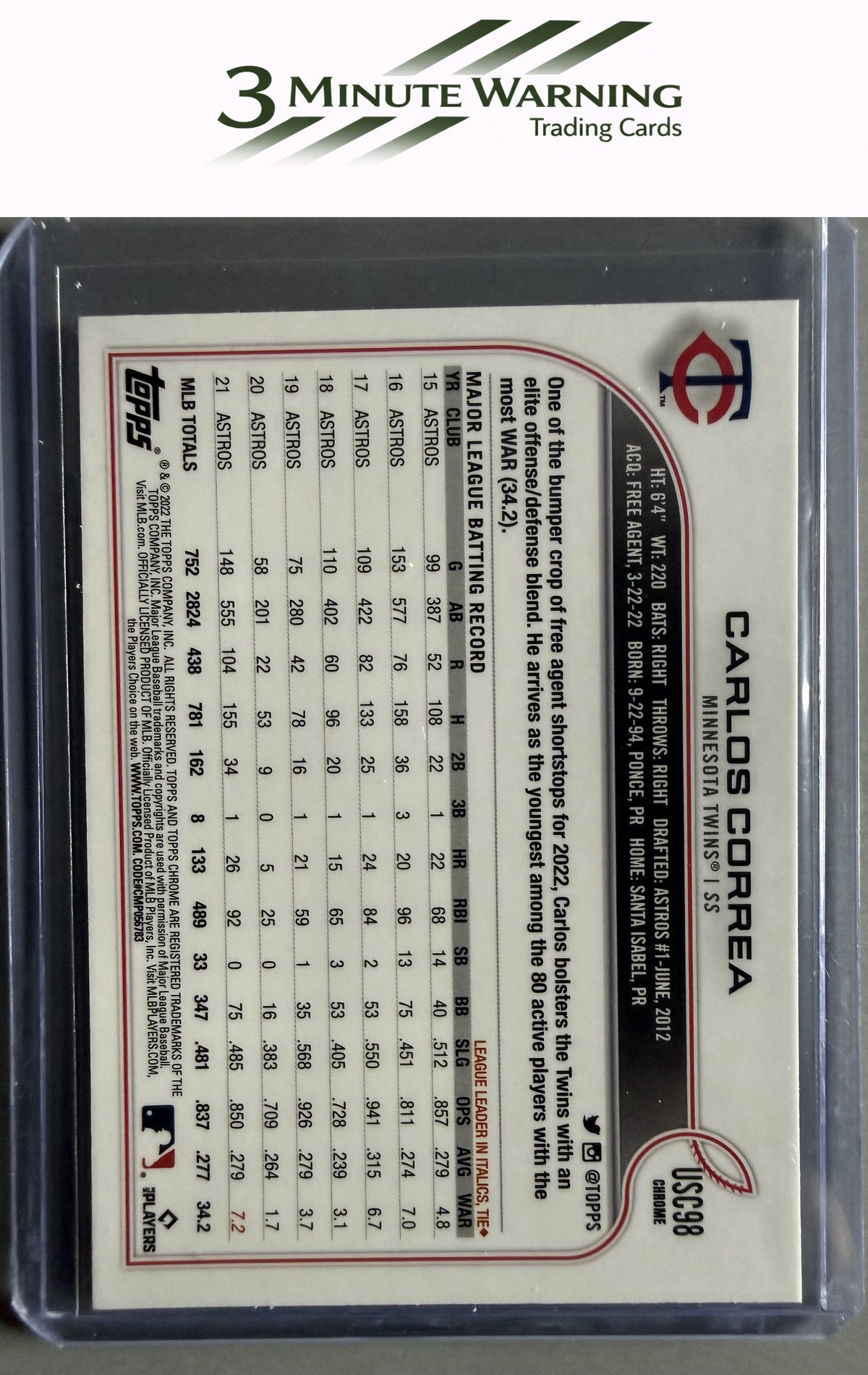 2022 Topps Chrome Update #USC98 Carlos Correa Purple Refractor