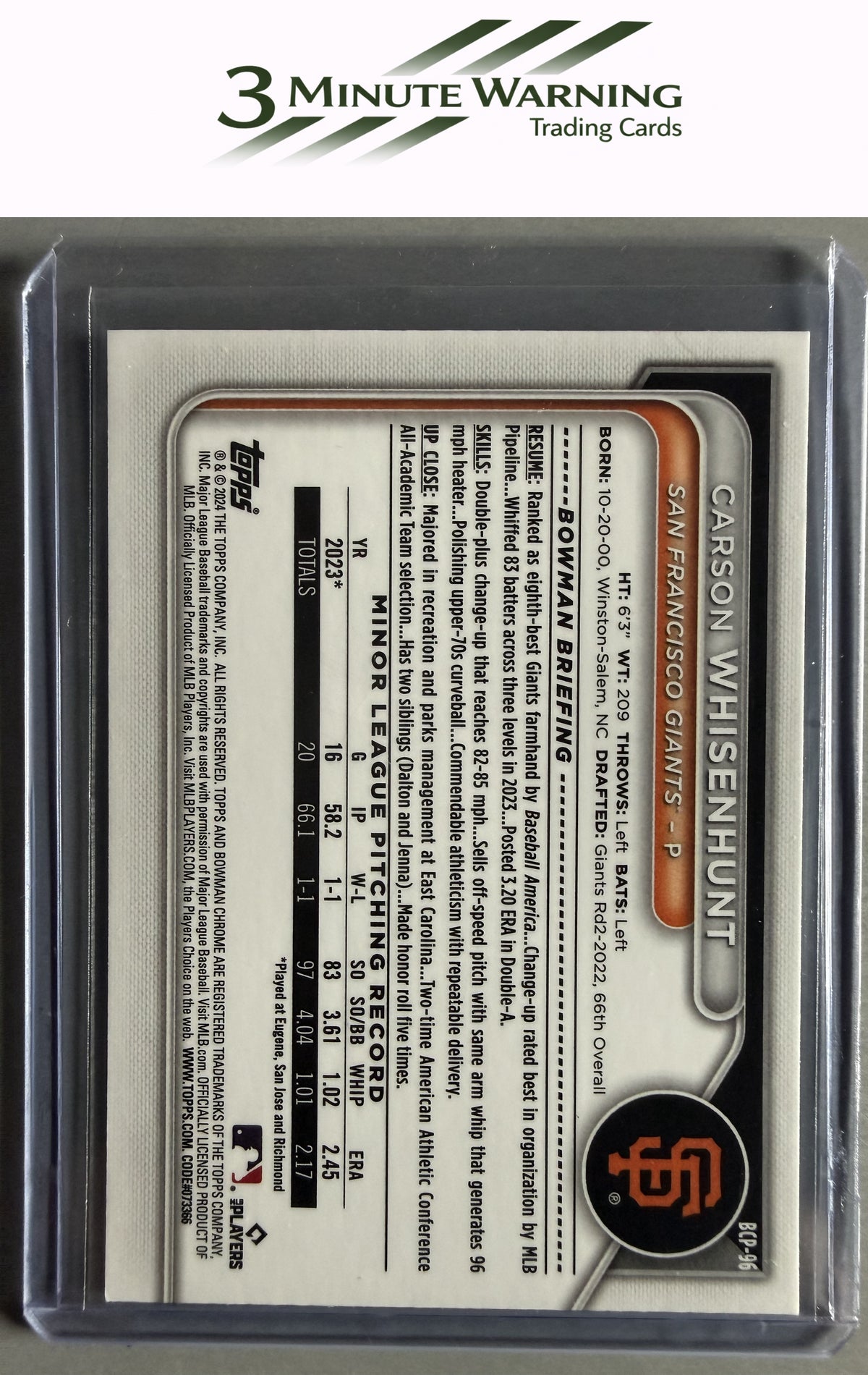 2024 Bowman #BCP-96 Carson Whisenhunt Chrome Prospects Mojo Refractor