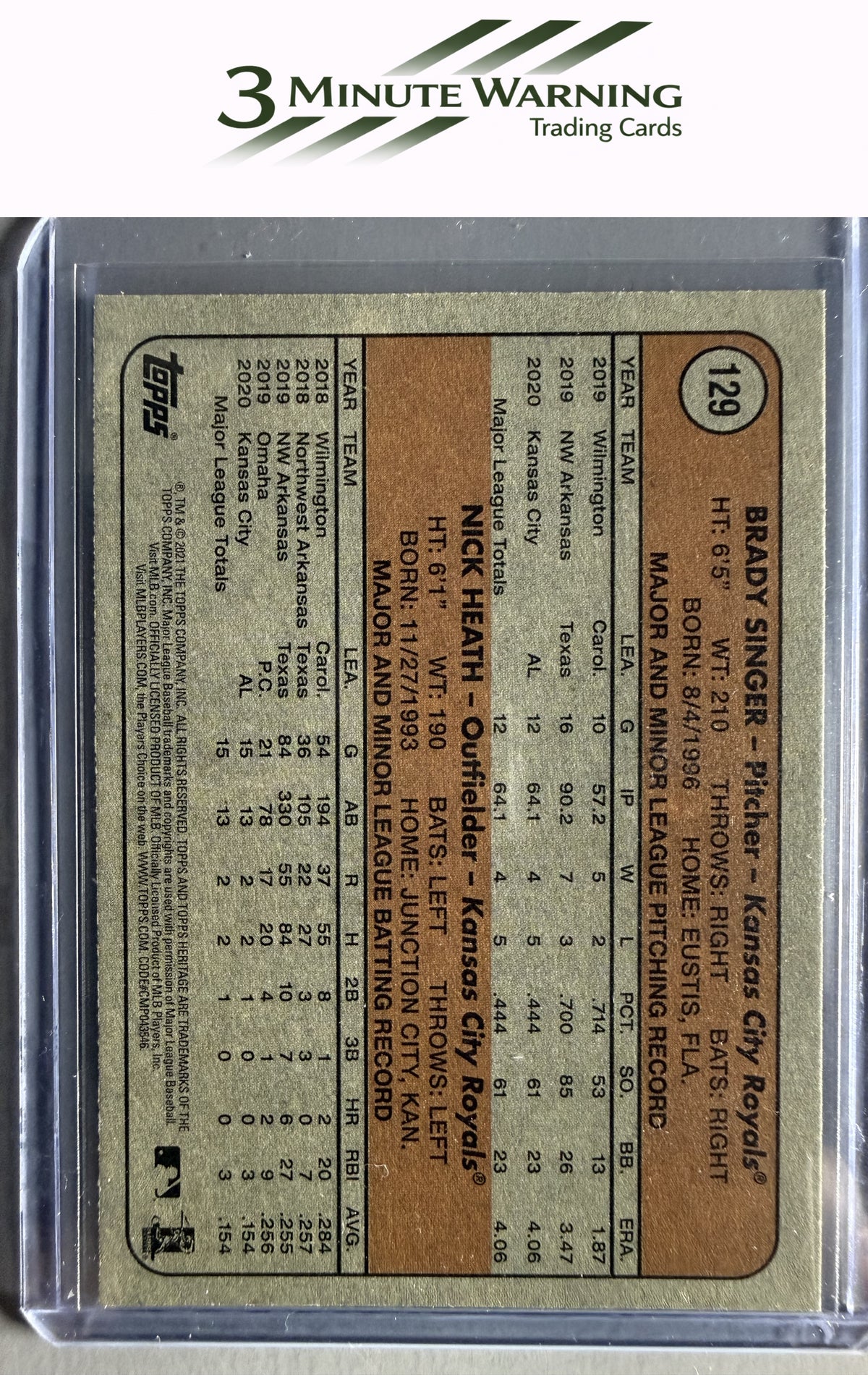 2021 Topps Heritage #129 Royals 2021 Rookie Stars (Brady Singer / Nick Heath) RS, RC