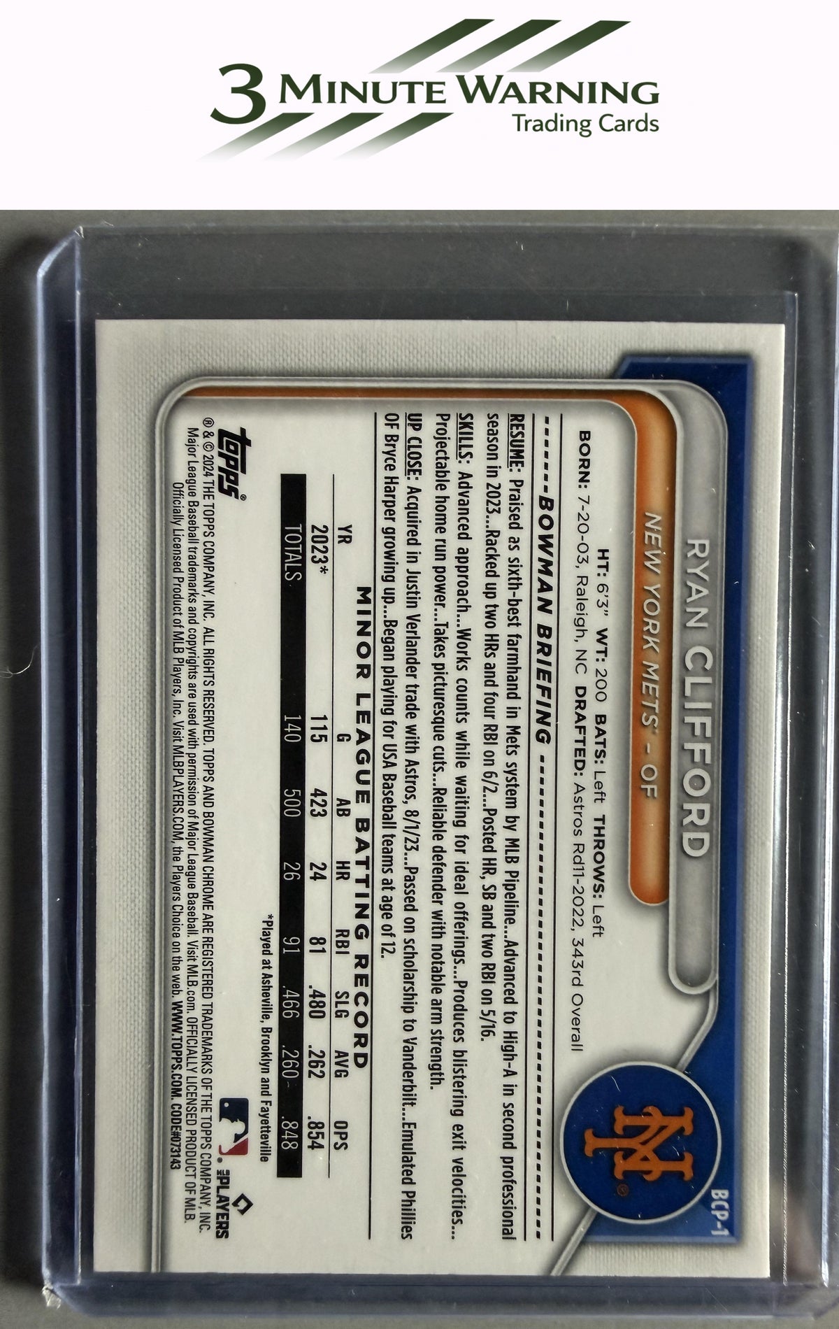 2024 Bowman #BCP-1 Ryan Clifford Chrome Prospects