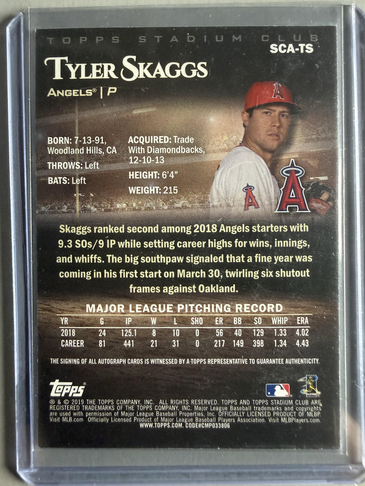 2019 Stadium Club #SCA-TS Tyler Skaggs Autographs