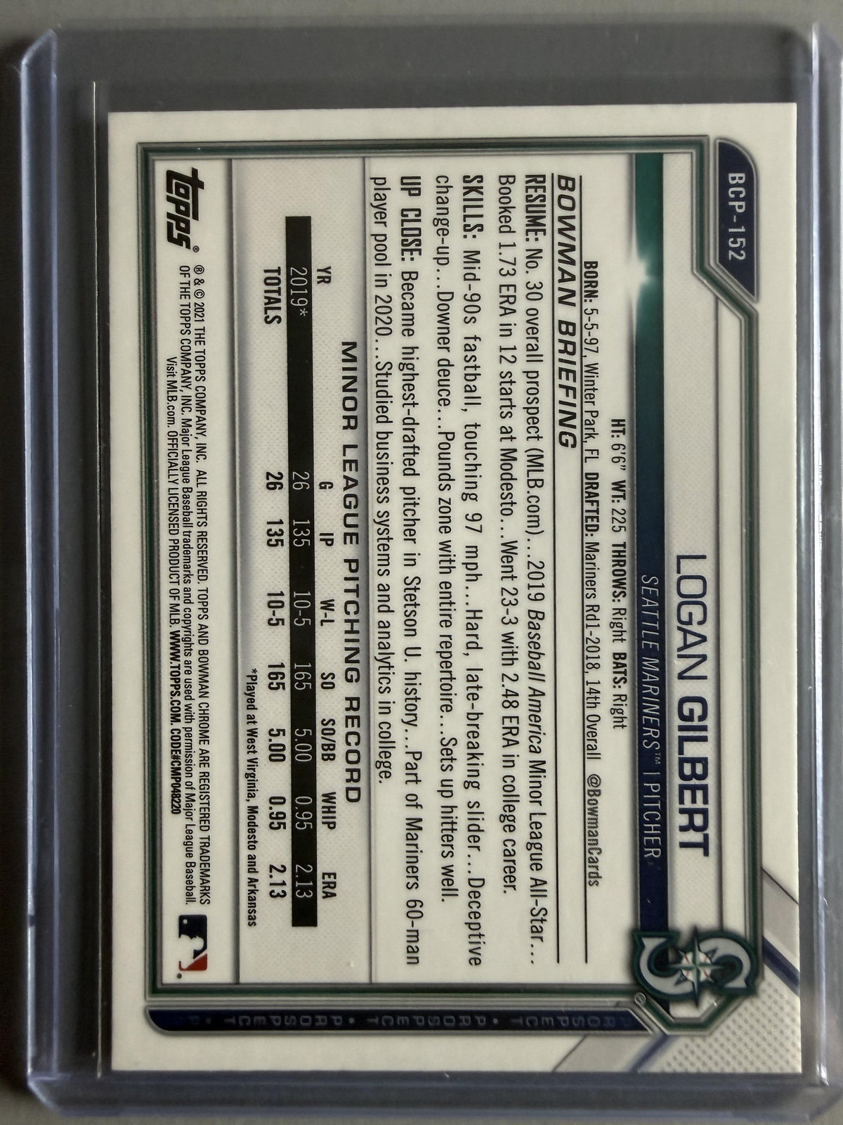 2021 Bowman Chrome #BCP-152 Logan Gilbert Prospects Mojo Refractor