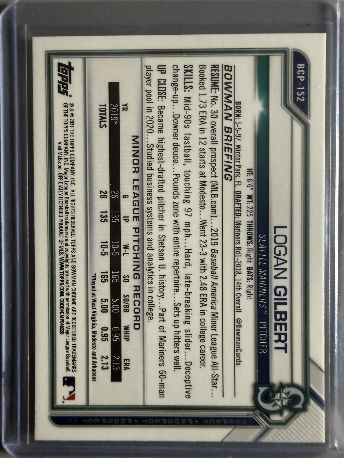 2021 Bowman Chrome #BCP-152 Logan Gilbert Prospects Mojo Refractor
