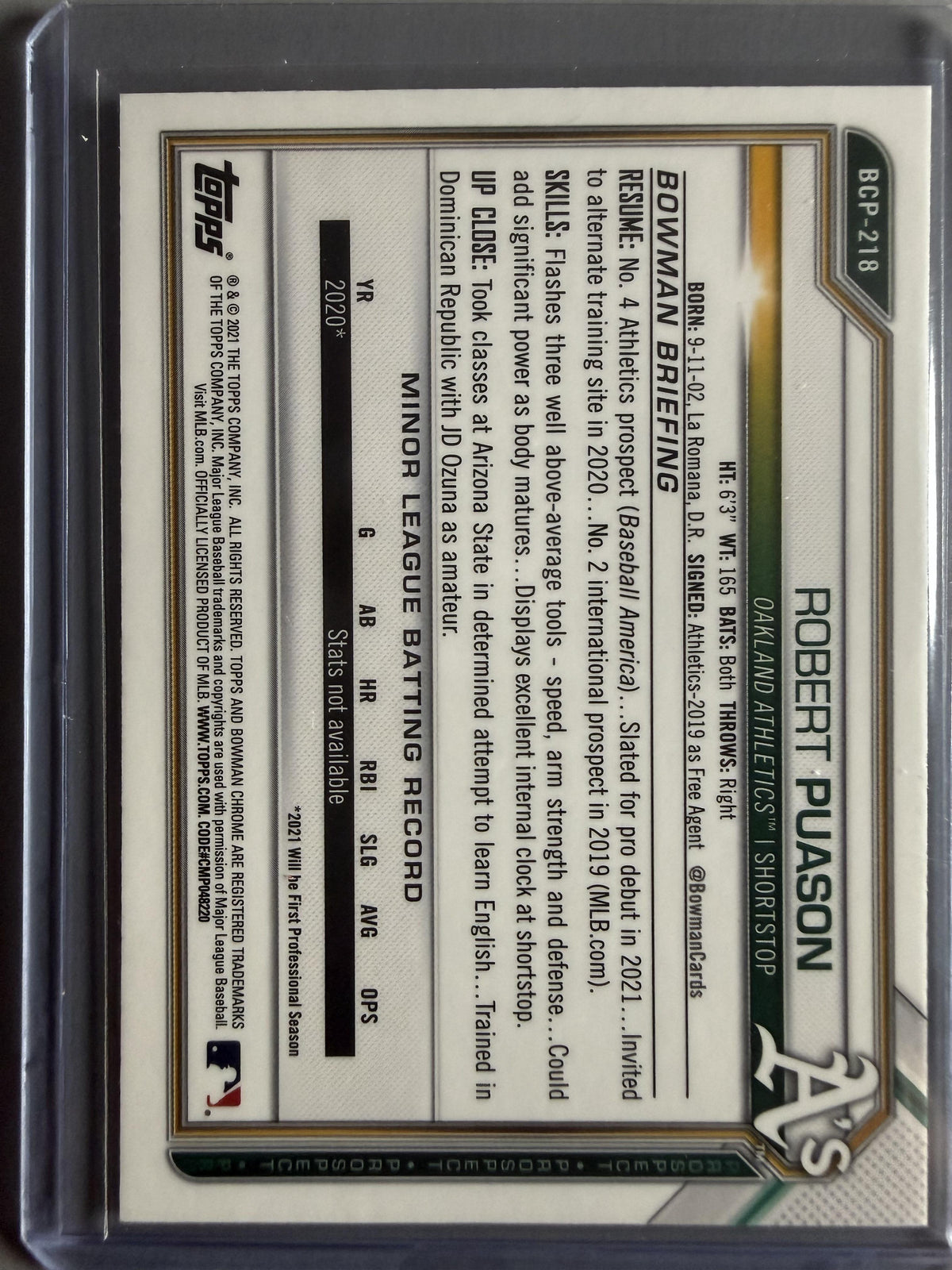 2021 Bowman Chrome #BCP-218 Robert Puason Prospects Mojo Refractor