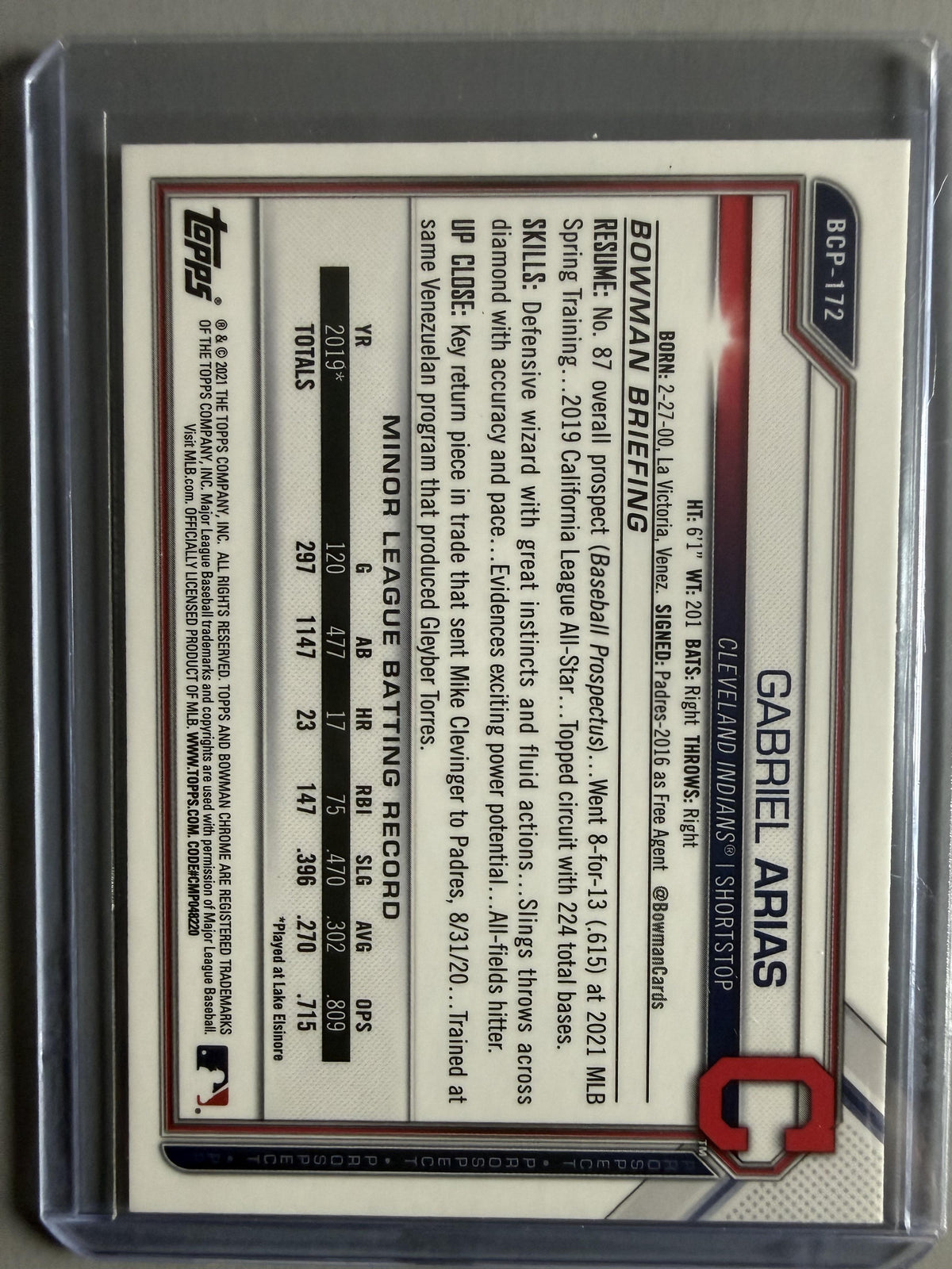2021 Bowman Chrome #BCP-172 Gabriel Arias Prospects Mojo Refractor