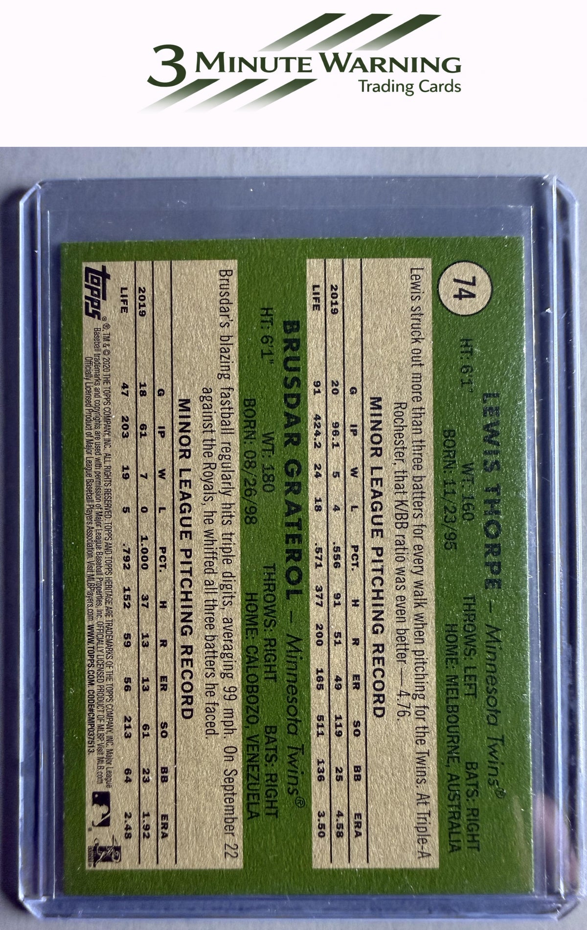 2020 Topps Heritage #74 Twins 2020 Rookie Stars (Lewis Thorpe / Brusdar Graterol)