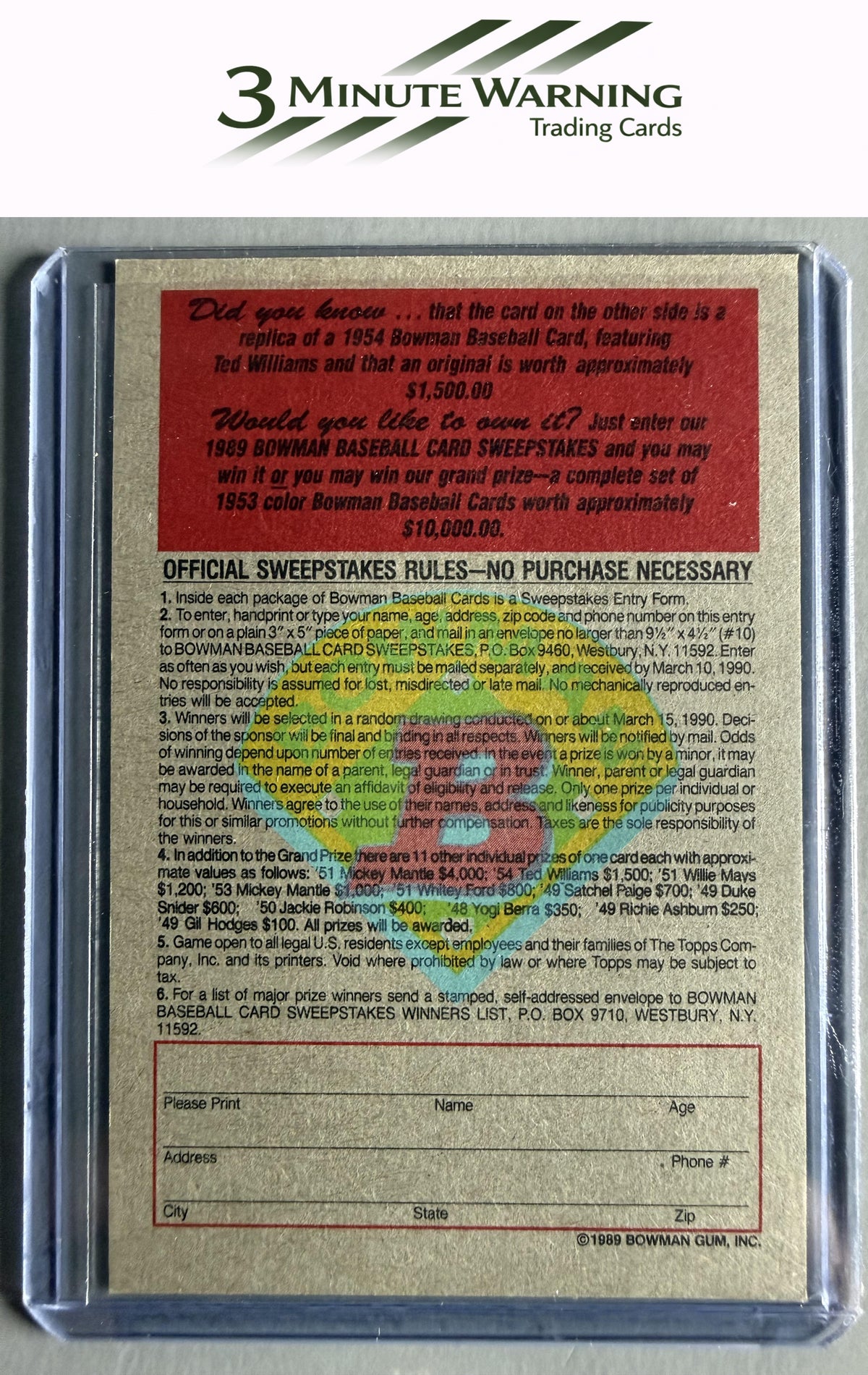 1989 Bowman #NNO Ted Williams Reprint Sweepstakes