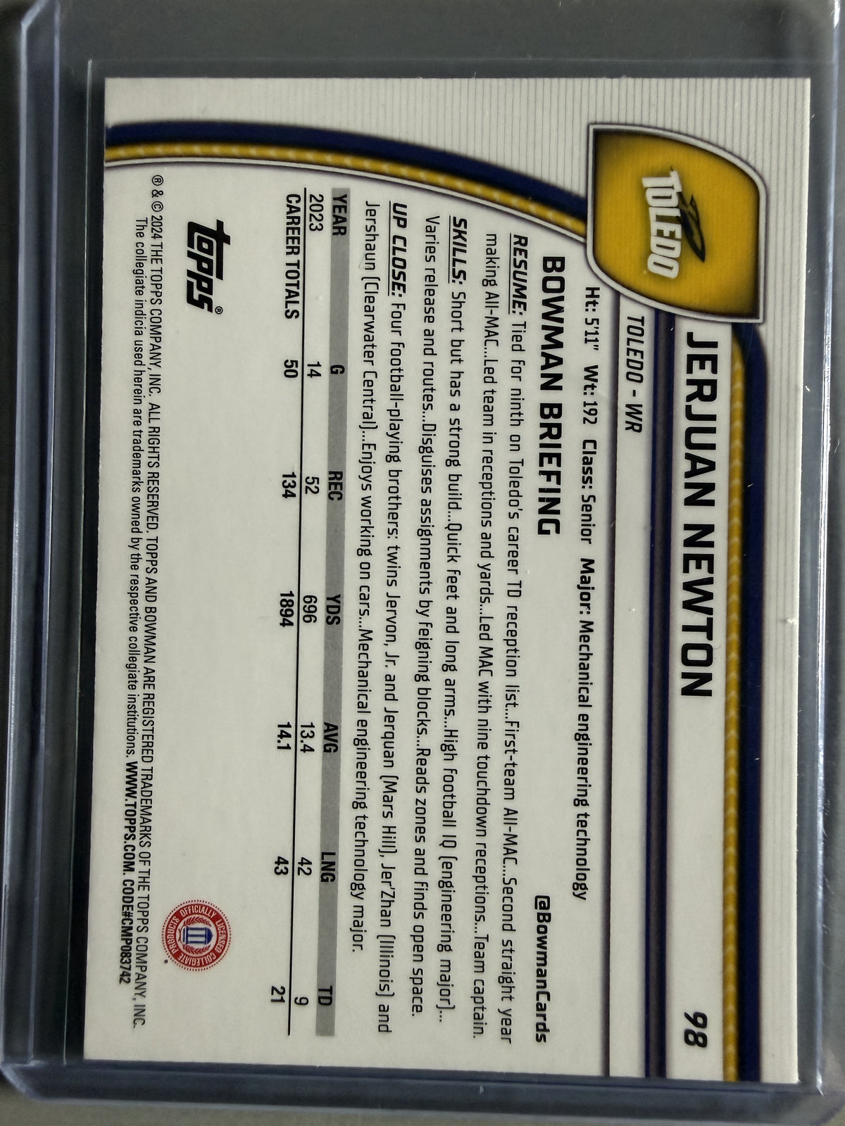 2024 Bowman University Chrome #98 Jerjuan Newton