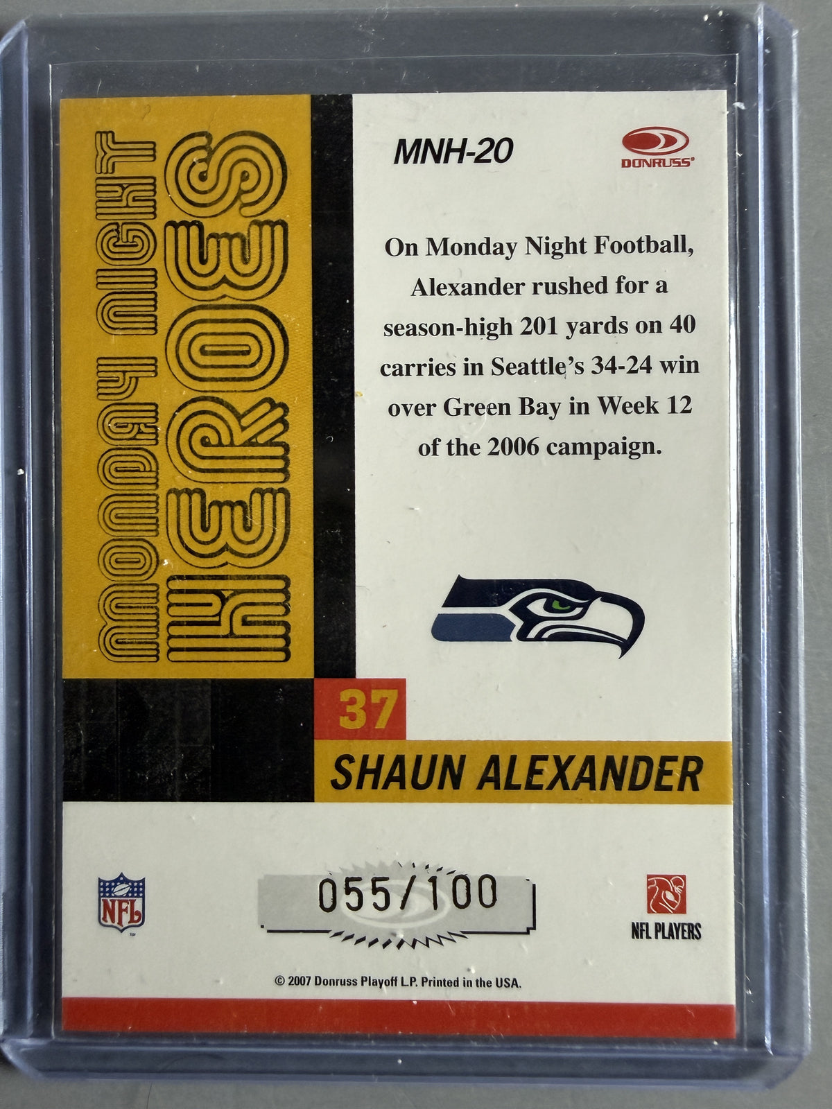 2007 Donruss Classics #MNH-20 Shaun Alexander Monday Night Heroes Gold #/100