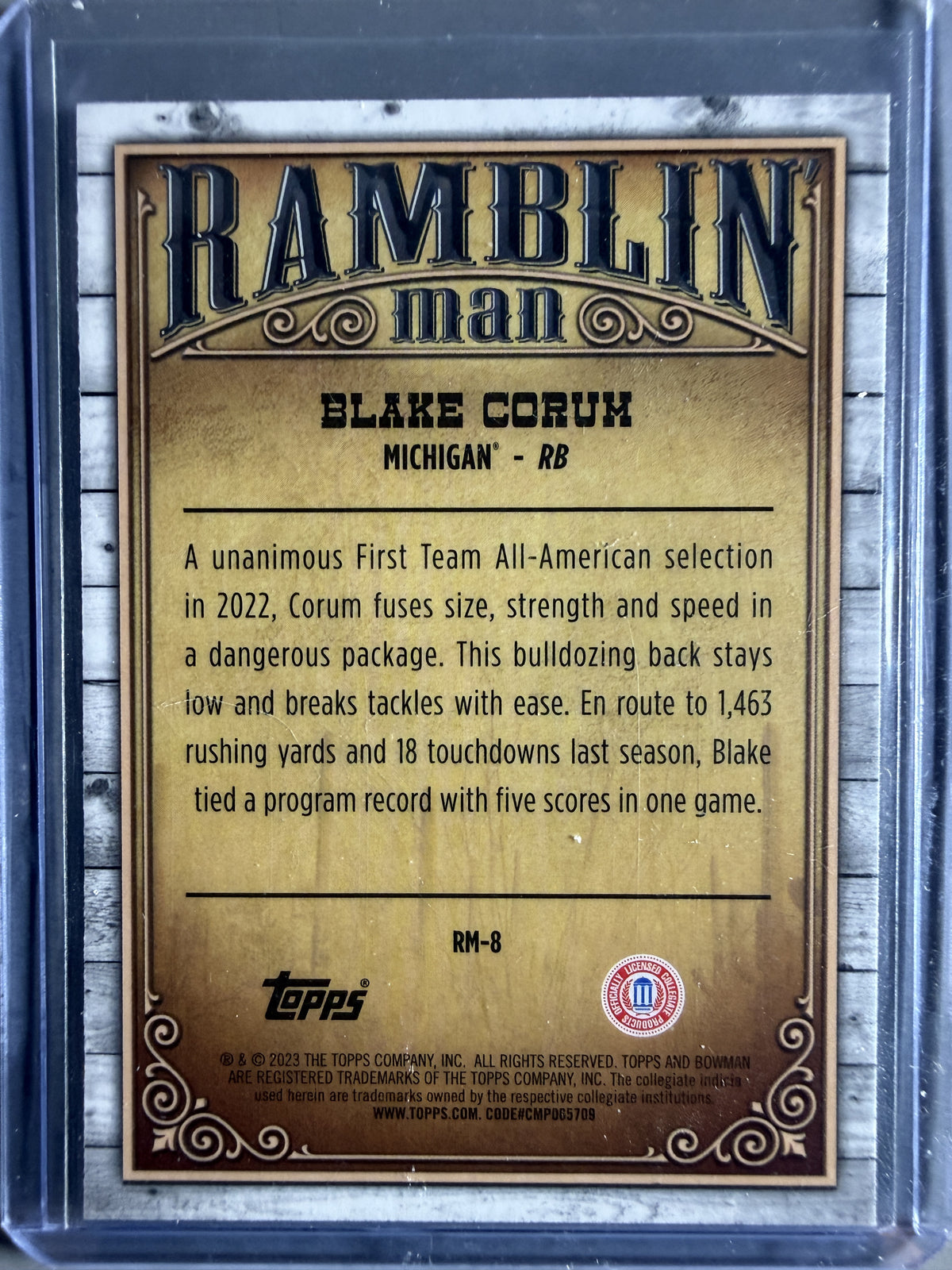 2023 Bowman University Chrome #RM-8 Blake Corum Ramblin' Man