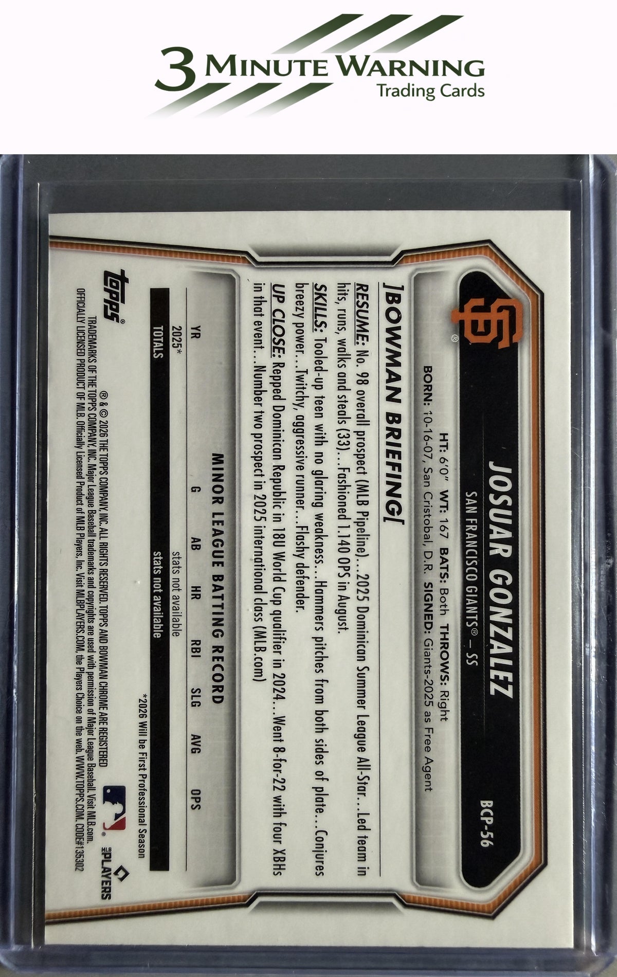 2026 Bowman #BCP-56 Josuar Gonzalez Chrome Prospects