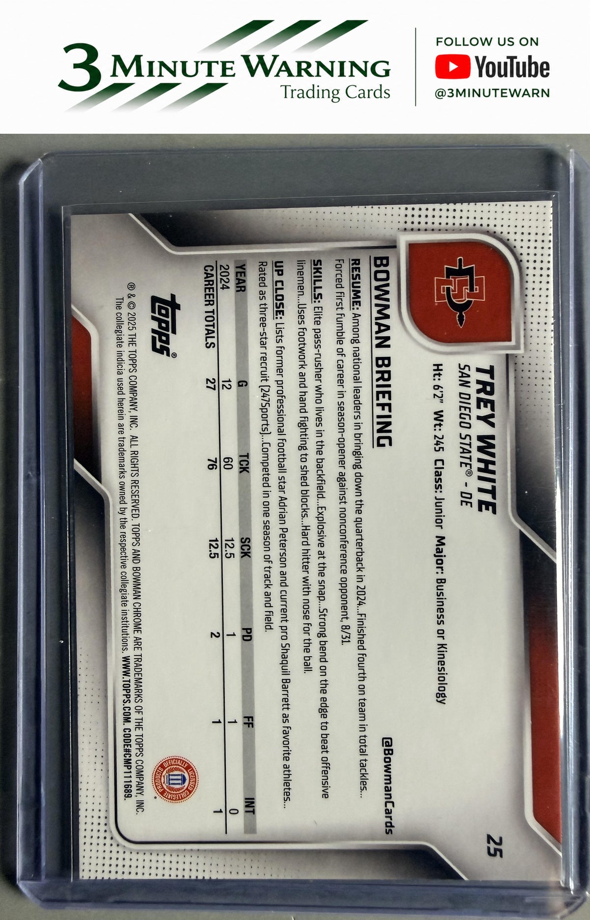 2025 Bowman University Chrome #25 Trey White Pink Lava Refractor