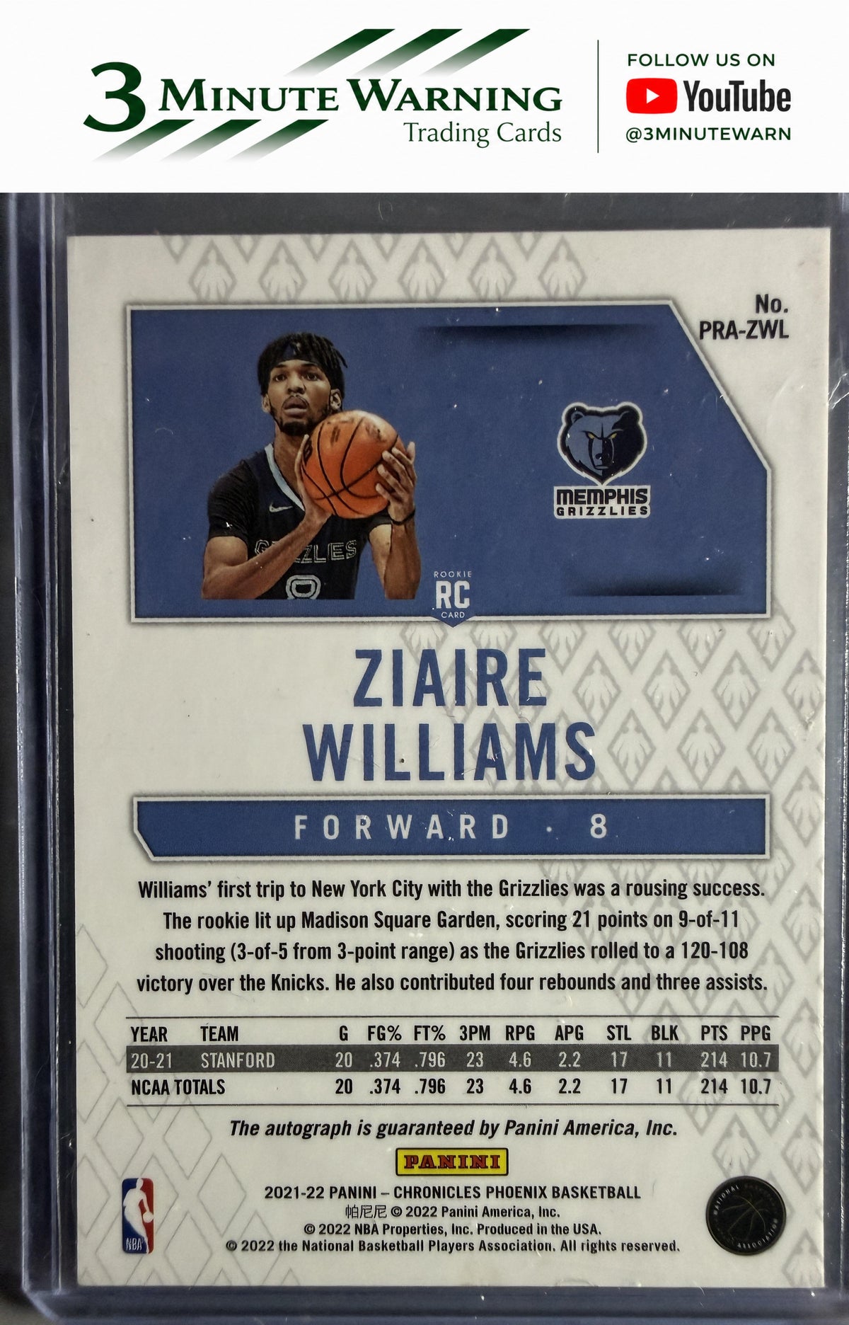 2021-22 Panini Chronicles #PRA-ZWL Ziaire Williams Phoenix Rookie Auto Red