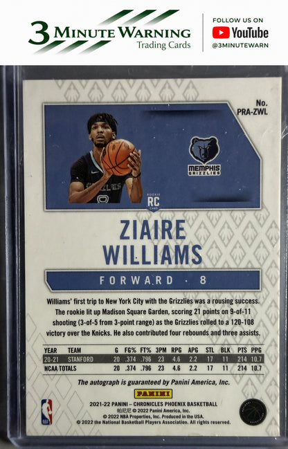2021-22 Panini Chronicles #PRA-ZWL Ziaire Williams Phoenix Rookie Auto Red