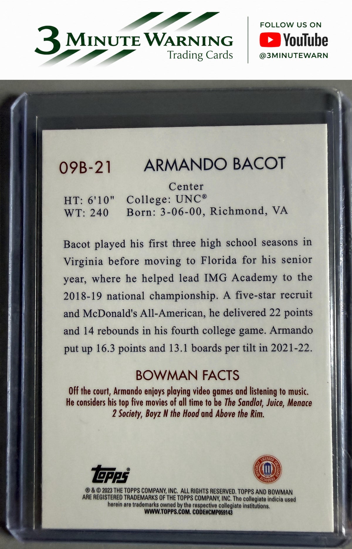 2022-23 Bowman University Chrome #09B-21 Armando Bacot 2009 Bowman
