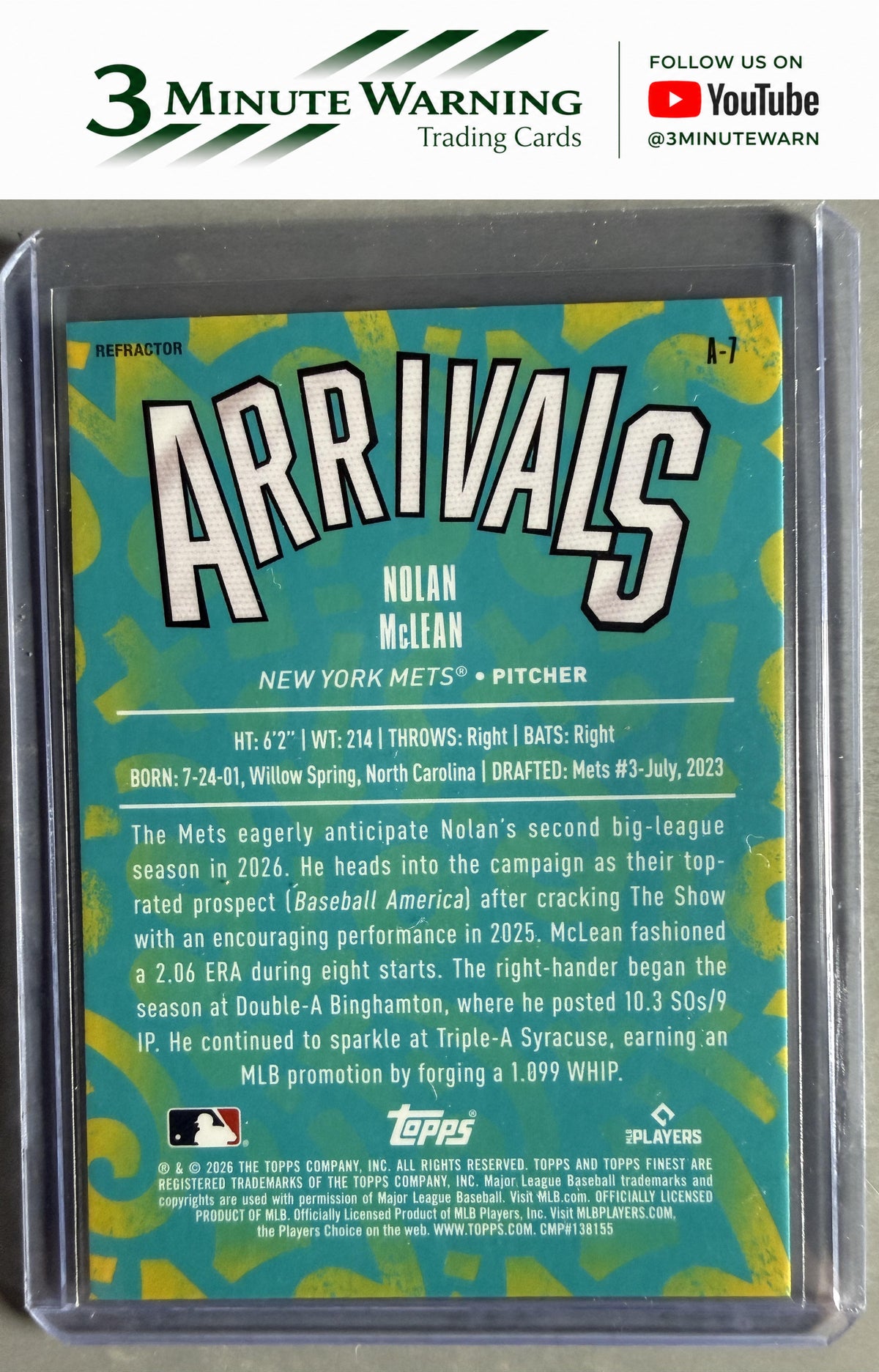 2026 Topps Finest #A-7 Nolan McLean Arrivals Refractor
